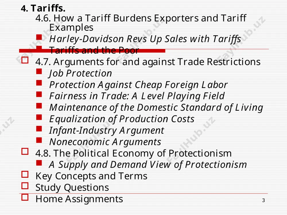cif) valuation. * a compound tariff is a combination of specific and ad valorem tariffs. for example, a us importer of a television might be required to pay a duty of $20 plus 5 percent of the value of the television. compound duties are often applied to manufactured products embodying raw materials that are subject to tariffs. in this case, the specific portion of the duty neutralizes the cost disadvantage of domestic manufactures that results from tariff protection granted to domestic suppliers of raw materials, and the ad valorem portion of the duty grants protection to the finished-goods industry. in the united states, for example, there is a compound duty on woven fabrics (48.5 cents per kilogram plus 38 percent). the specific portion of the duty (48.5 cents) compensates u.s. fabric manufacturers for tariff protection granted to u.s. cotton producers, while the ad valorem portion of the duty (38 percent) …