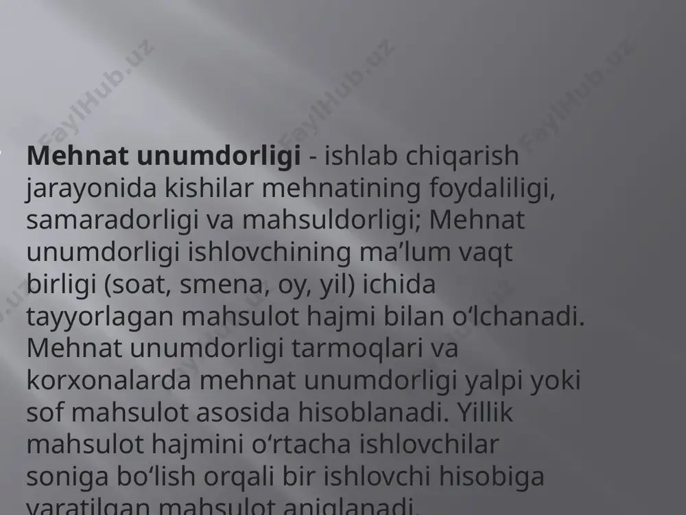dan ota-onalarning ruxsati bilan). mehnat motivatsiyasi - kasbiy asoslangan xodim. kerakli ma'lumotlarning etishmasligi. psixologik va tashkiliy yordamning etishmasligi. 2. shaxsning ma'lum bir motivatsion tuzilishini shakllantirish. demotivatsiya dinamikasi. motivatsiya nazariyasi. demotivatsiya bosqichlari. 10. samarali axborot tizimiga talablar ish samaradorligi ishlash samaradorligi mehnat mazmuni bilan qoniqish sababi va mehnat sharoitlari va moddiy mukofotlardan qoniqish natijasi. odamning mehnat faoliyati samaradorligi ko'p jihatdan mehnatning predmeti va vositalariga, tananing ish qobiliyatiga, ish joyini tashkil qilishga va ish muhitining gigienik omillariga bog'liq. mehnat unumdorligi mehnat unumdorligi - minimal ish haqi xarajatlari bilan eng katta samaraga erishishda ifodalangan xodimlarning mehnat faoliyati samaradorligi. natijada ishlab chiqarilgan barcha mehnat xarajatlariga nisbati bilan o'lchanadigan ishlab chiqarishning iqtisodiy samaradorligidan farqli o'laroq, iqtisodiy e.t., olingan natijaning inson faoliyatining barcha sohalarida tirik mehnat xarajatlariga nisbati bilan belgilanadi; moddiy ishlab chiqarish sohasida, noishlab chiqarish tarmoqlarida, shaxsiy yordamchi va maishiy sohalarda foydalanish qobiliyati - muayyan vaqt davomida bajarilgan ishlarning miqdori va sifati bilan tavsiflangan inson …