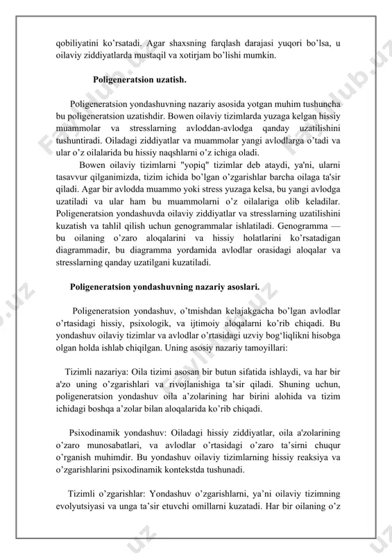 harakat qiladi, ammo ko’pincha bu holat muammoni yanada kuchaytiradi. ziddiyatlardan qochish: emotsional uchburchaklik, odatda, ikki oila a’zosi orasidagi hissiy ziddiyatlardan qochish uchun yuzaga keladi. ularning o’rtasidagi ziddiyatlar hal qilinmasdan, uchinchi shaxs ularga aralashadi, bu esa yanada murakkab vaziyatga olib keladi. emotsional bog’lanishlarni kamaytirish: uchburchaklik oilaviy tizimda ikki kishi o’rtasidagi bog’lanishni kamaytiradi va uchinchi shaxsni o’zaro bog’lanishga kiritadi. bu jarayon o’zgarishlarni qiyinlashtiradi, chunki o’zaro aloqalarning to’liq va ochiq bo’lishiga to’sqinlik qiladi. emotsional uchburchaklikning amaliy namunalari. 1. oila a'zolarining biri bilan doimiy nizolar: masalan, ota va onaning o’rtasida doimiy ziddiyatlar mavjud bo’lsa, bolalar ko’pincha bu ziddiyatlardan qochish yoki ota-ona o’rtasidagi muammolarni hal qilishga harakat qiladigan uchinchi shaxsga aylanadi. bu holat bolalarning o’z hissiy holatini boshqarishni o’rganishiga, ammo ziddiyatning o’zini hal qilmaslikka olib keladi. 2. oila a'zolarining boshqa birini "boshqarish"ga urinish: ota yoki ona o’rtasidagi ziddiyatlar bilan bog'liq holda, ba'zi hollarda uchinchi shaxs (masalan, bola yoki boshqa oila a'zosi) ikki oila a'zosi o’rtasidagi …
