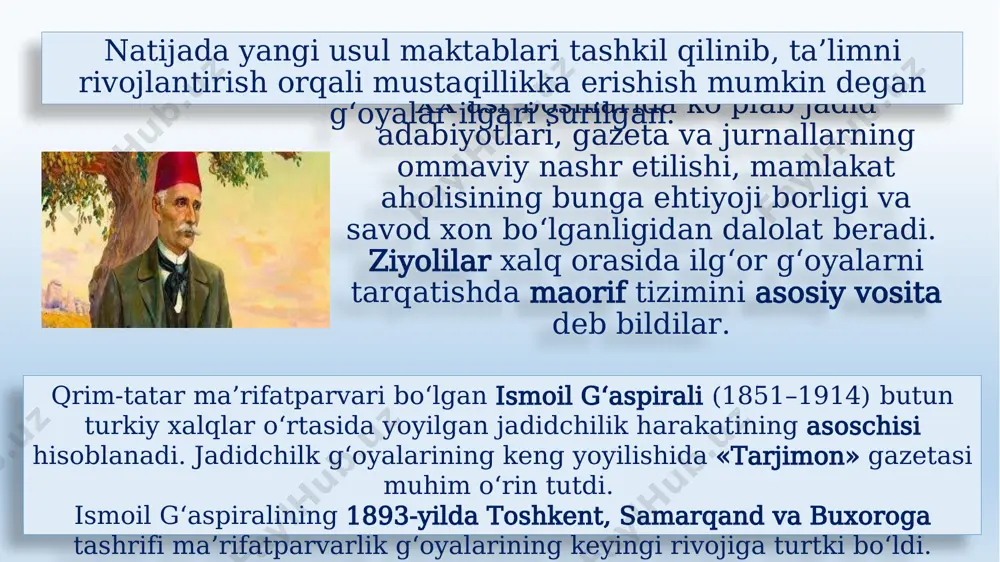 875–1919) ning xizmati katta bo‘ldi. xx asr boshlarida faoliyat olib borgan samarqand jadidlari. xx asr boshlarida faoliyat olib borgan toshkent jadidlari. ubaydulla xo'ja asadullaxo'jayev abdulla avloniy 1878-yil toshkent shahrida hunarmandlar oilasida tug‘ildi. avloniy o‘lkada ta’lim, matbuot, teatr sohalarining rivojlanishiga katta hissa qo‘shib, 1907-yil «shuhrat» gazetasiga asos soldi. o‘zi tashkil qilgan yangi usul maktabi uchun «birinchi muallim», «ikkinchi muallim», «turkiy guliston yoxud axloq» kabi darsliklarni yaratdi. munavvarqori abdurashidxonov (1878–1931) –jadid maktablari ochilishining tashabbuskori va amaliyotchisi, milliy gazeta va jurnallar asoschisi, muharriri hamda jadid teatri targ‘ibotchisi bo‘lgan. munavvarqori maktablar uchun «adibi avval», «adibi soniy», «yer yuzi» kabi darsliklarni yaratdi. xx asr boshlarida faoliyat olib borgan xiva jadidlari. “yosh xivaliklar” bobooxun salimov polvonniyoz hoji yusupov xx asr boshlarida faoliyat olib borgan buxoro jadidlari. sadriddin ayniy fayzulla xo‘jayev abdurauf fitrat xx asr boshlarida faoliyat olib borgan farg’ona jadidlari. hamza hakimzoda niyoziy abdulhamid cho‘lpon is’hoqxon ibrat turkiston jadidchilik harakatining namoyandalari jaholat, bilimsizlik, madaniyatsizlikni qoralaganlar. andijonlik …
