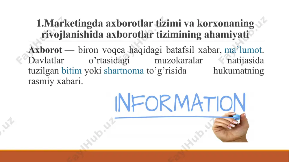 i bo‘yicha miqdoriy kuzatilayotgan ob’ekt haqida raqamlarda beriladigan ma’lumotlar (bozor hajmi, to‘yinganlik darajasi, narxi kabilar). sifatiy sifatiy jihatlarni ifodalaydigan (iste’molchilarning jinsi, yashash joyi bo‘yicha, faoliyati bo‘yicha) ko‘rsatkichlar. barqarorligi bo‘yicha doimiy uzoq muddat davomida bir xil xolatda kelib turadigan (sotish hajmi, soliq miqdori kabilar haqidagi hisobot) axborotlar. o‘zgaruvchi tasoddifan kelib tushadigan va tez o‘zgarib turadigan turli hodisalar to‘g‘risidagi axborotlar. kelib tushush davriyligi bo‘yicha vaqti-vaqti bilan bir xil vaqt oralig‘ida doimiy tushib turadigan axborotlar (oylik, choraklik, yillik hisobotlar). uzluksiz doimiy ravishda doimiy ravishda sodir bo‘ladigan hodisalar (kunlik pul tushumi, har kuni bajarilgan ishlar, kunlik tezkor hisobotlar kabi) to‘g‘risidagi ma’lumotlar zarurat bo‘lganda zarurat bo‘lganda kelib tushadigan axborotlar bo‘lib hisoblanadi. masalan, yangi raqobatchilar to‘g‘risida yoki bozor haqidagi ma’lumot kerak bo‘lishi mumkin. tipi bo‘yicha demoskopik yoki segmentatsion (iste’molchilar tarkibi) iste’molchilar tarkibi (jinsi, yoshi, millati, ijtimoiy ahvoli, daromad olish darajasi kabilar) bo‘yicha axborotlar. ekoskopik (umum-iqtisodiy vaziyat) mamlakat miqiyosida bozorning holati, umumiqtisodiy vaziyat, bahoning o‘zgarish tendensiyasi kabilar. …
