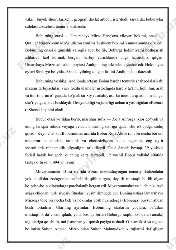 aki, tog‘alariga qo‘shilib, uni jismonan yo‘qotish payiga tushadi. o‘z amakisi va tog‘asi bo‘lmish sulton ahmad mirzo bilan sulton mahmudxon xurujlarini daf qilgan bobur hukmronligining dastlabki 2—3 yilida mavqeini mustahkamlash, bek va amaldorlar bilan o‘zaro munosabatni yaxshilash, qo‘shinni tartibga keltirish, davlat ishlarida intizom o‘rnatish kabi muhim chora-tadbirlarni amalga oshiradi. boburning dastlabki siyosiy maqsadi amir temur davlatining poytaxti, strategik va geografik jihatdan muhim bo‘lgan samarqandni egallash va movarounnahrda markazlashgan kuchli davlatni saqlash, mustahkamlash hamda amir temur saltanatini qayta tiklashdan iborat edi. bu paytda, qisqa muddat ichida samarqand taxtiga uchinchi hukmdor kelgan edi. sulton ahmad mirzo vafoti (1494 yil iyul) dan keyin taxtga o‘tirgan sulton mahmud mirzo samarqandda davlatni 5—6 oydan ortiq idora etmadi — qisqa muddatli kasallikdan so‘ng 43 yoshida vafot etdi. uning o‘rniga buxoroda hokim bo‘lgan o‘g‘li boysung‘ur o‘tiradi. 1495—96 yillarda bobur samarqandga ikki marta muvaffaqiyatsiz yurish qiladi. 1497 yil kuzida u samarqand atrofidagi bir qancha joylarni va 7 oylik qamaldan …