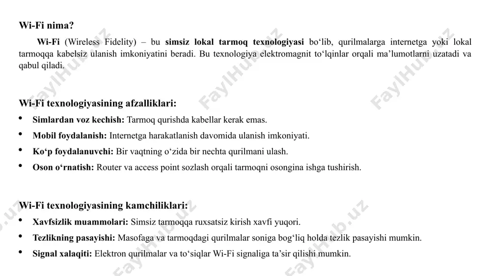 u signalni qabul qiladi va tarmoq orqali ma’lumot almashadi. ma’lumotlar simsiz kanallar orqali paketlarga bo‘lib uzatiladi. foydalanish chastotalari: 2.4 ghz – keng masofani qamrab oladi, lekin signalga boshqa qurilmalar (mikroto‘lqinli pech, telefon) xalaqit berishi mumkin. 5 ghz – yuqori tezlikni ta’minlaydi, lekin signal masofasi qisqa. tarmoq xavfsizligi: wi-fi tarmog‘ini himoya qilish uchun quyidagi xavfsizlik protokollaridan foydalaniladi: wep (wired equivalent privacy) – eski, kam xavfsiz. wpa (wi-fi protected access) – yaxshilangan xavfsizlik. wpa2/wpa3 – zamonaviy va xavfsiz protokollar. qamrov masofasi: wi-fi signalining qamrov masofasi: ichki muhitda (xonada) – 30 metrgacha. tashqi muhitda – 100 metrgacha (to‘siqsiz joyda). tezlik: 802.11ax (wi-fi 6) texnologiyasi orqali gigabit darajasida tezlik ta’minlanishi mumkin. standartga, qurilma imkoniyatlariga va foydalanilayotgan chastotaga bog‘liq holda o‘zgaradi. wi-fi ishlash tamoyillari wi-fi texnologiyasi elektromagnit to‘lqinlar orqali ma’lumot uzatishga asoslangan. u quyidagi bosqichlar asosida ishlaydi: 1. tarmoq tuzilmasi: wi-fi texnologiyasi tarmoqda ma’lumotlarni yuborish va qabul qilish uchun tarmoqning asosiy qurilmalari va ulanish tamoyillaridan …