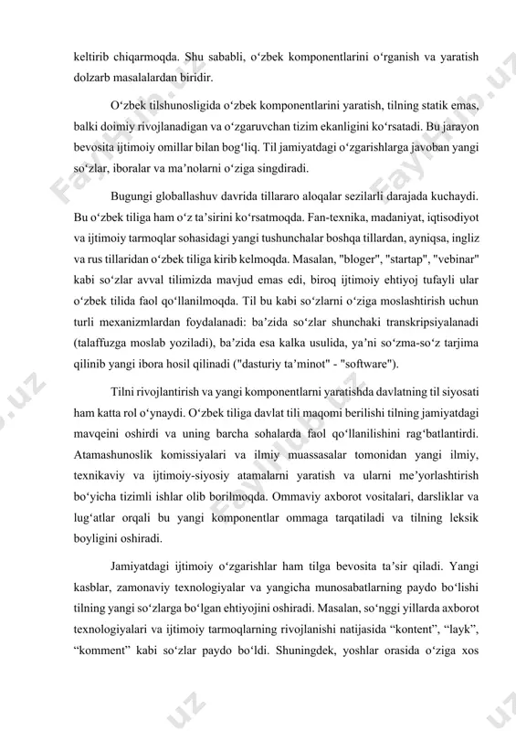 b borilmoqda. ommaviy axborot vositalari, darsliklar va lugʻatlar orqali bu yangi komponentlar ommaga tarqatiladi va tilning leksik boyligini oshiradi. jamiyatdagi ijtimoiy oʻzgarishlar ham tilga bevosita taʼsir qiladi. yangi kasblar, zamonaviy texnologiyalar va yangicha munosabatlarning paydo boʻlishi tilning yangi soʻzlarga boʻlgan ehtiyojini oshiradi. masalan, soʻnggi yillarda axborot texnologiyalari va ijtimoiy tarmoqlarning rivojlanishi natijasida “kontent”, “layk”, “komment” kabi soʻzlar paydo boʻldi. shuningdek, yoshlar orasida oʻziga xos jargonlar va soʻzlar yaratiladi. bu jarayonlar tilning dinamikligini koʻrsatadi va u jamiyatning turli guruhlarining oʻzgarishlariga moslashishini aks ettiradi. tadqiqot metodologiyasi va amaliy ahamiyati – bu etnolingvistika sohasidagi har qanday ilmiy ishning ajralmas qismidir. u tadqiqotning qanday usullar yordamida olib borilishini va olingan natijalarning jamiyat uchun amaliy qiymatini belgilaydi. bu yondashuv til va madaniyat oʻrtasidagi chuqur aloqalarni oʻrganishga qaratilgan boʻlib, tilshunoslik, sotsiologiya va antropologiya kabi fanlarning kesishmasida turadi. etnolingvistik tadqiqotlar turli manbalar va usullarga asoslanadi. dalalararo tadqiqotlar (fieldwork) orqali tadqiqotchi turli hududlarga borib, til egalari, ayniqsa, sheva …