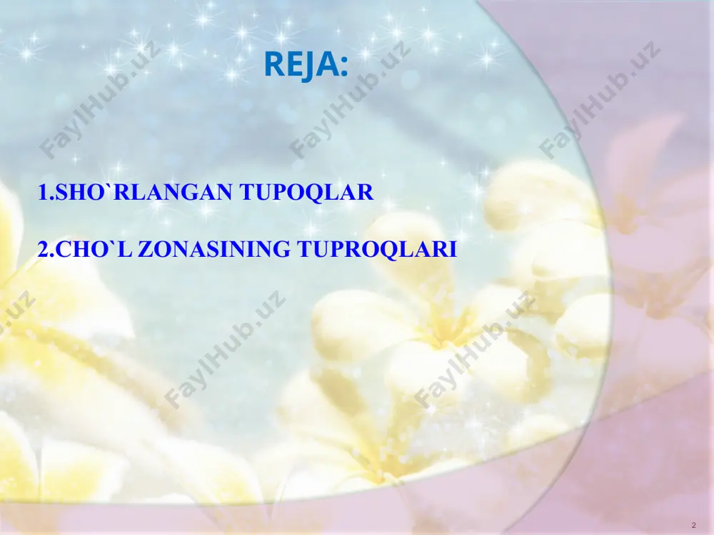 m) qatlamlarida tuz to’plangan tuproqlar sho’rhoqsimon tuproqlar deyiladi. yerning ustki qatlamlarida tuzlar juda ko’p miqdorda (2-3 dan 10-30% gacha) bo’lgan tuproqlar sho’rhok tuproqlar deyiladi. sho’rhoksimon va sho’rhok tuproqlar yer yuzining qurg’oqchil mintaqalarida, shu jumladan o’zbekistonda keng tarqalgan. sho’rlangan tuproqlar genetik belgilari, morfologik tuzilishi, tuzli qatlamlarning joylashish chuqurligi, sho’rlanish darajasi va sho’rlanish tiplari bo’yicha klassifikatsiyalarga bo’linadi. sho’rhok tuproqlarning kimyoviy tarkibi va morfologik belgilariga ko’ra quyidagilarga bo’linadi: ho’l sho’rhoklar, qatqaloqli sho’rhoklar, mayin sho’rhoklar, qora sho’rhoklar. 6 tuproqdagi tuzlar miqdorini aniqlash tuproqdagi suvda eriydigan tuzlarning miqdori va sho’rlanishi darajasi laboratoriyada tuproqni kimyoviy analiz qilish yo’li (suvli so’rim analizi) bilan aniqlanadi. bunda tuproq eritmasining (ph) reaksiyasi, tuproqning ishqoriyligi, xlor-ioni, sulfat-ioni, kalsiy, magniy, natriy va suvda eriydigan tuzlarning jami (quruq yoki qattiq qoldiq) aniqlanadi va shu analiz natijalari bo’yicha tuproqning sho’rlanish darajasi belgilanadi. 7 sho’rtob va sho’rtobli tuproqlar o’zbekiston sharoitida sho’rtob va sho’rtobli tuproqlar juda kam uchraydi. lekin ular kuchli minerallashgan sizot suvlari yaqin yerlarda …