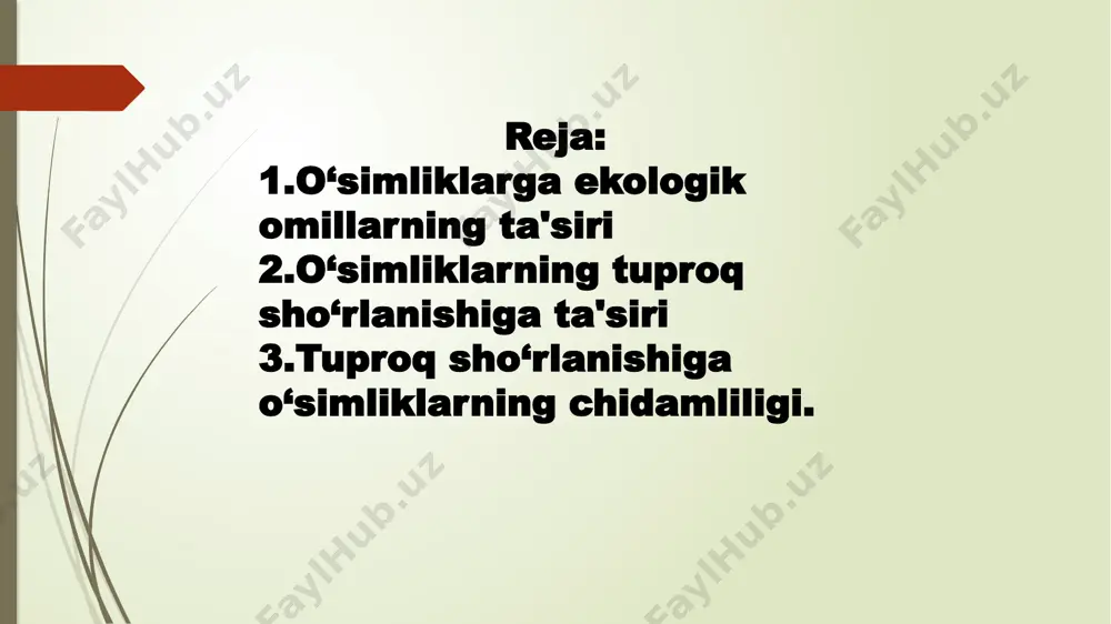 ga bo‘lganligi tufayli sho‘rlangan yuproqlardan ham suv so‘rish xususiyatiga ega.shu sababli ular bu sharoitda opz hayotini saqlab qola oladi. galofit o‘simlik tuz ajratuvchi galofitlar-ularga quyruq,yulg‘un o‘simliklari kiradi.bu o‘simliklar hujayrasi tuz ajratmaydi.ildizlar tomonidan so‘rilgan tuz barglardagi maxsus bezchalar orqali ajratilib chiqarib turiladi. glikogalofitlar-ular kam sho‘rlangan yerlarda o‘sadi.hujayralari tuzlarni kam yutadi.ularga polo‘n o‘simligi misol bo‘ladi. bu o‘simliklar yillar davomida sho‘r tuproqlarda o‘sib o‘zining fiziologik jarayonlari bilan shu sharoitda o‘sishga moslashgan.osmotik bosim orqali shopr muhitda ham suv so‘rish xususiyatiga ega bo‘ladi.bundan tashqari tuproqning ham ma'lum darajada sho‘rlik darajasini kamaytiradi.bu tuproq unumdorligini oshirishga yordam beradi. sho‘r tuproqlarda ham o‘simliklarni yaxshi o‘sishini ta'minlash uchun tuproq sho‘rini yuvish va bu o‘simliklarni sho‘rlanishga chidamliligini oshirish zarur. o‘simliklarni sho‘rlanishga chidamliligini oshirish uchun o‘simlik urug‘larini ekishdan oldin 1soat davomida 3%li nacl bilan namlash va 1,5 soat davomida yuvish tavsiya etiladi(g‘o‘za,bug‘doy,qandlavlagi). sho‘rlangan tuproqda g‘o‘zaning o‘sishi sulfatli sho‘rlanish kuzatilganda esa 1 sutka davomida .2 m li sulfat tuzi eritmasi bilan yuviladi.hozirgi …