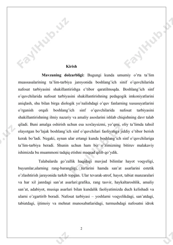 i va har xil janrdagi san’at asarlari:grafika, rang tasvir, haykaltaroshlik, amaliy san’at, adabiyot, musiqa asarlari bilan kundalik faoliyatimizda duch kelishadi va ularni o’zgartirib boradi. nafosat tarbiyasi – yoshlarni voqyelikdagi, san’atdagi, tabiatdagi, ijtimoiy va mehnat munosabatlaridagi, turmushdagi nafosatni idrok qilish orqali, ularda go’zallika ijobiy munosabat uyg’otish va o’zlarining hayot tarziga go’zallikni olib kirishni tarbiyalashdir. yoshlar nafosat–go’zallik to’g’risidagi bilimlarni o’zlarini qurshab turgan tevarak atirofdagi tabiat go’zaligi, oila a’zolarining o’zaro samimiy munosabatlari, beqiyos san’at asarlari va baddiy asarlardan oladi. nafosat to’g’risidagi bilimlar yoshlarni hatti –harakatlarini, o’quvchilar faoliyatini va tabiat hodisalarini baholashda foydalanadilar. nafosat tarbiyasining, mazmuniga xalqimizning boy madaniy merosini xalqning nafosatga oid bilimlarini badiiy didini xalqimizning ma’naviyatini, sog’lom turmush tarzini kiritsak bo’ladi. nafosat tarbiyasi –eng avvalo xar bir yoshda badiiy hissiyot tuyg’ularini,badiiy didni tarbiyalashga qaratiladi. nafosat tarbiyasi bugungi kunda shuning uchun ham muhimki, u har bir yoshni o’zini nazorat qilishga sa’yi – harakatlarini tartibga solishga odatlantiradi. did farosat har bir insonning hatti-harakatida, kiyinishida …