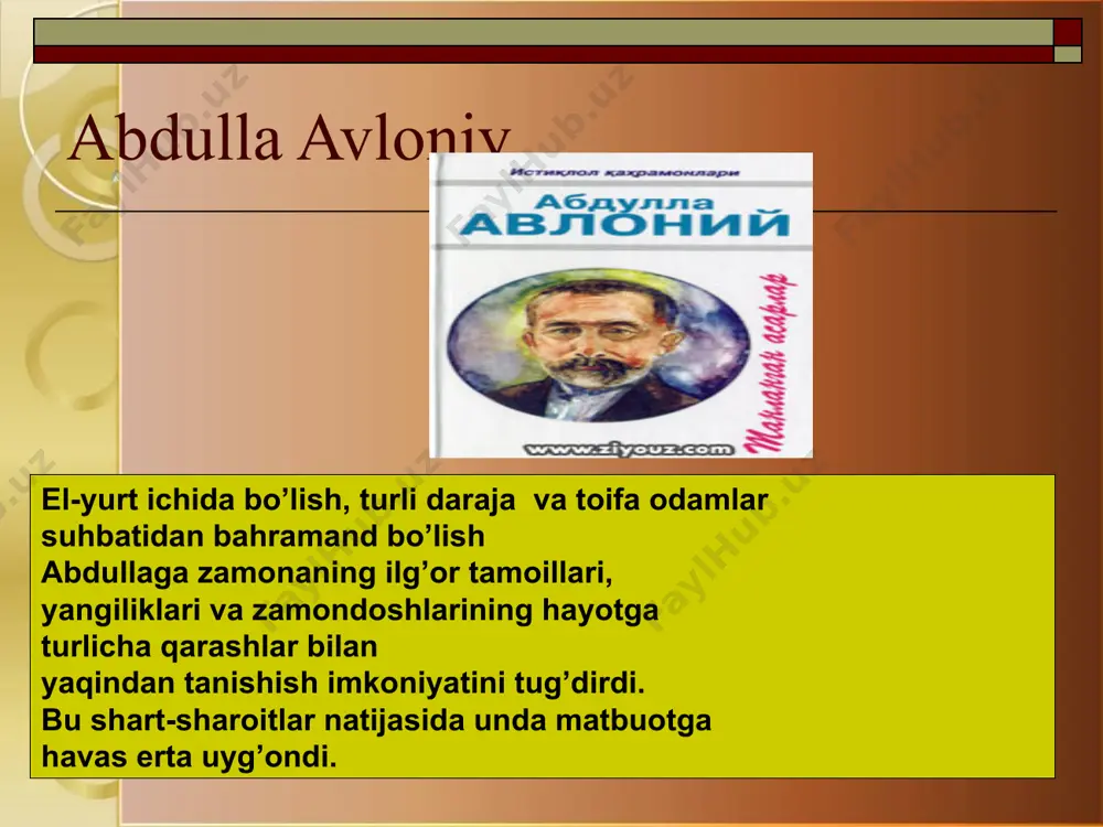 ati. buyuk ma'rifatparvar alloma, yozuvchi, dramaturg va jamoat arbobi maxmudxo`ja behbudiy 1875 yilning 19-yanvarida samarqand shahri siyob tumanidagi baxshitepa qishlog`ida, ruhoniy-ziyoli oilasida dunyoga keladi. otasi imom-xatib, o`qimishli, ma'rifatli kishi bo`lib ilm-fanga ihlos bilan qaragan. oiladagi muhit undagi ma'rifat, adabiyot va ijtimoiy hayotga bo`lgan qiziqishning kuchayishiga imkon tug`dirdi. behbudiyning otasi islom huquqshunosligi bo`yicha yirik mutaxassis bo`lib, bu borada ko`plab kitob va risolalar yaratgan edi. bu, o`z navbatida, mahmudxo`jaga ta'sir o`tkazmay qolmadi. u keyinchalik bu haqda so`zlab, maqolalaridan birida otasi yozgan "hidoya", "islom huquqiga sharhlar" asarining o`z taqdirida katta rol' o`ynaganini alohida qayd etgan. maxmudxo`ja 6-7 yoshlarga yetganda ziyoli tog`alari- muhammad siddiq va mulla odil yordamida xat savod chiqardi. " behbudiy kitob savdosi va kutubxona ishining asoschisi" behbudiy (1875-1919) 20 asr boshlarida turkiston xalqlari ma'rifati, madaniyati, tarixi, iqtisodi, savdo-tijorati, kelajagi haqida juda katta g`amxo`rlik qilgan, butun xayoti-yu, faoliyatini shu xalq baxt-saodati uchun kurashga bag`ishlagan buyuk ajdodlarimizdan biridir... o`z xayoti, faoliyati bilan turkiston …