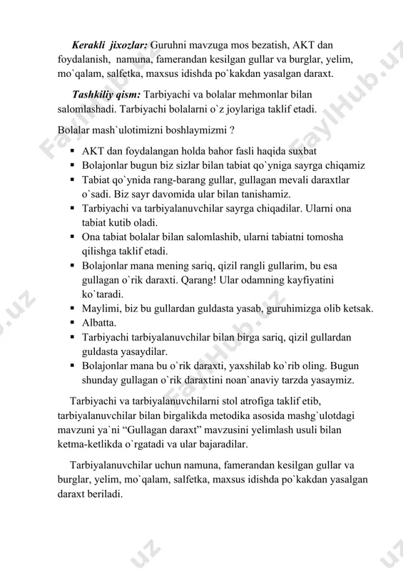 axti. qarang! ular odamning kayfiyatini ko`taradi. · maylimi, biz bu gullardan guldasta yasab, guruhimizga olib ketsak. · albatta. · tarbiyachi tarbiyalanuvchilar bilan birga sariq, qizil gullardan guldasta yasaydilar. · bolajonlar mana bu o`rik daraxti, yaxshilab ko`rib oling. bugun shunday gullagan o`rik daraxtini noan`anaviy tarzda yasaymiz. tarbiyachi va tarbiyalanuvchilarni stol atrofiga taklif etib, tarbiyalanuvchilar bilan birgalikda metodika asosida mashg`ulotdagi mavzuni ya`ni “gullagan daraxt” mavzusini yelimlash usuli bilan ketma-ketlikda o`rgatadi va ular bajaradilar. tarbiyalanuvchilar uchun namuna, famerandan kesilgan gullar va burglar, yelim, mo`qalam, salfetka, maxsus idishda po`kakdan yasalgan daraxt beriladi. tarbiyachi ushbu jixozlar yordamida “noan`anaviy yelimlash usullari” ni: · maxsus idishda po`kakdan yasalgan daraxt shakli berib tushuncha beriladi; · famerandan yasalgan gullarni mo`yqalamni to`g`ri ushlagan holda yelim bilan ketma-ketlikda yopishtiriladi. · so`ngra gullagan daraxtning barglari ham huddi shu usulda yelimlanadi. · oxirida gullagan daraxt tagiga to`kilgan gul yaproqchalari ham aks ettiriladi. so`ng mo`yqalam suv yordamida chayiladi va salfetkada quritiladi. jismoniy daqiqa bajariladi: …
