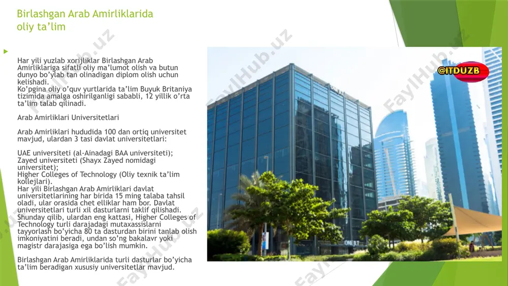 rsitetlar yuqori malakali talabalarga oylik stipendiya berishadi. bunday stipendiya hajmi taxminan 500 aqsh dollarini tashkil etadi. baa da uy-joy ijarasi va oziq-ovqat narxlari yuqori. odatda oylik turar joy va oziq-ovqat xarajatlari 700 dollardan kam emas. viza rejimi talabalarga o’qish vaqtida ishlash imkonini beradi, ammo bo’sh vaqtlarida haftasiga 8 soatdan oshmasligi kerak. baa da oliy ta’lim istiqbollari arab amirliklari-faol rivojlanayotgan, yuqori malakali kadrlarga talab kuchli bo’lgan mamlakat. shuning uchun, o’qish davomida talabalar amaliyot o’tash imkoniga ega va muvaffaqiyatli bitiruvdan so’ng baaning yirik kompaniyalarida ish topishlari mumkin. agar bitiruvchi ta’lim olish davomida sevimli mamlakatni tark etishni istamaydigan bo’lsa, u olingan mutaxassislik bo’yicha ish topishi mumkin. e'tiboringiz uchun rahmat! image1.jpeg image2.jpeg image3.jpeg image4.jpeg image5.jpeg /docprops/thumbnail.jpeg