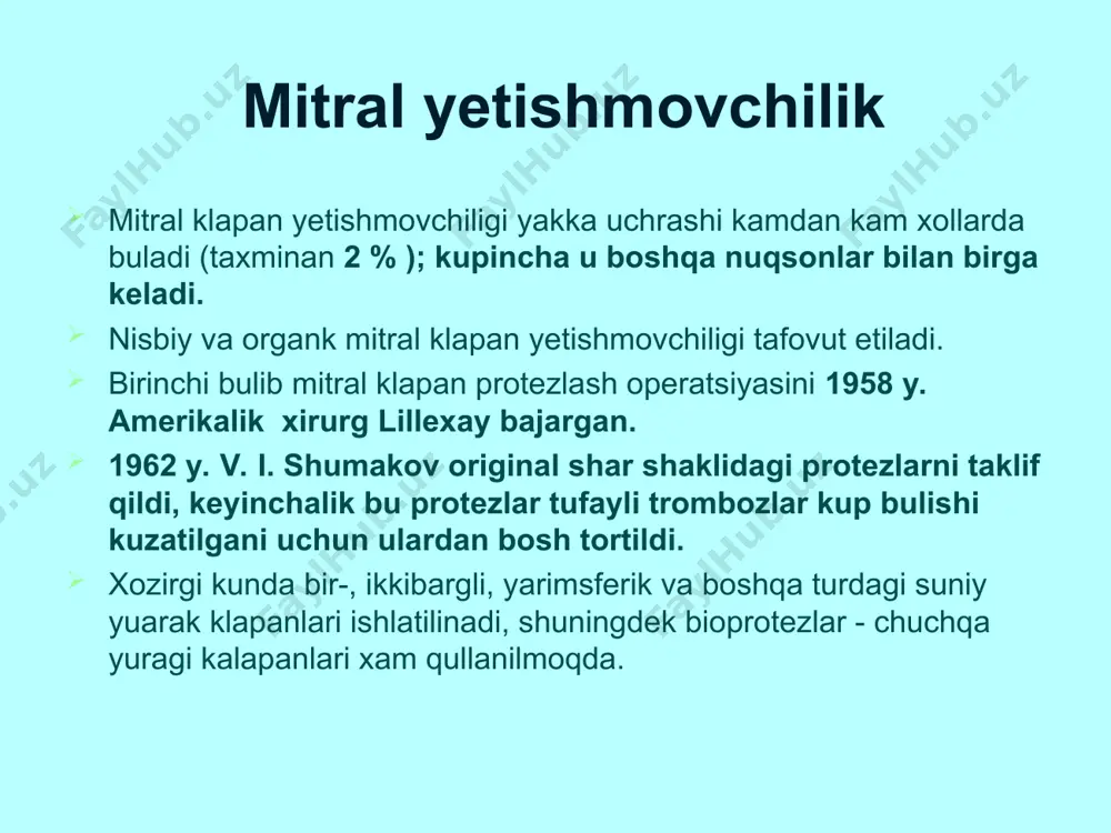 v. vaxidov bajargan. aksh amalietini uzbekistonda rivojlanishiga yu.p. andres, d.f. yugay va n.u. sharapov kabi olimlar katta xissa qushganlar. f.sh. baxritdinov aksh 1996 yildan 2005 yilgacha bajargan, bu olim qushma operatsiyalar qilish tarafdorlaridan biridir. klinik belgilar barmokli mitral komissurotomiya mitral klapanning stenozi barmokli mitral komissurotomiya mitral klapanning stenozi instrumental mitral komissurotomiya sun'iy kopqok protezlari mitral kopkokning makropreparati. mitral kopkokninnng yetishmovchiligi mitral kopkokni kesish amaliyoti yurak mitral stenozi yurak kopkogini protezlash yurak kopkogini protezlash yurak kopkogini protezlash yurak toj arteriyalarining anatomiyasi stentlash stentlash rentgen amaliet honasi endavaskular amaliet etaplari bilak arteriyalari orqali amaliet bajarish точка пункции точка пункции allen’s test angioplastika etaplari stentlash etaplari * yuikda yurakda kilinadigan jaroxlik amaliyotlar aortokoronar shuntlash mammarokoronar shuntlash yurakda kilinadigan jaroxlik amaliyotlar aortokoronar shuntlash mammarokoronar shuntlash