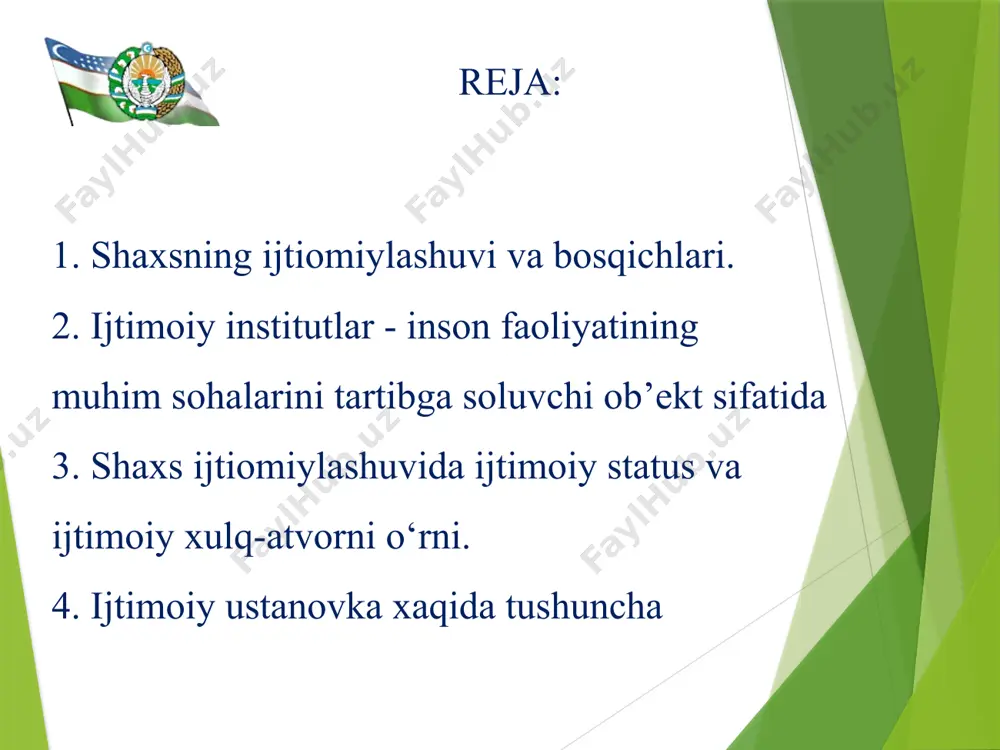 a’sirini o‘tkaza olishi jarayonidir. ijtimoiylashuv eng avvalo odamlar o‘rtasidagi muloqot va hamkorlikda turli faoliyatni amalga oshirish jarayonidir. insonning ijtimoiylashuvi jarayoni inson butun hayoti davomida davom etadi 5 shaxsni ijtimoiylashtirish jarayoni uning rivojlanishida uchta asosiy bosqichdan o‘tadi va insonning butun hayoti davomida davom etadi birinchi bosqich - ijtimoiy qadriyatlar, ijtimoiy me’yorlarni, jamiyat guruhlarining ustanovkalarini faol o‘zlashtirish natijada inson butun jamiyatga moslashishni o‘rganadi ikkinchi bosqich - o‘z-o‘zini anglashga va jamiyatning boshqa a’zolariga ta’sir ko‘rsatishga intilish, uchinchi bosqich - ijtimoiy guruhga integratsiya qilish (uyg’unlashib ketishi) jarayoni juda murakkab va juda uzoq davomlidir, chunki u ijtimoiy guruh qadriyatlari va normalarini va muayyan rollarni o‘z ichiga oladi, har bir inson guruhda o‘z xususiyatlarini va imkoniyatlarini ochib beradi. bolalik-ijtimoiylashuv tug‘lishdan, rivojlanishning dastlabki bosqichi, inson shaxsining shakllanishini deyarli 70% ga teng bo’lib, ijtimoiylashuvning boshlanishi belgilanadi. o‘smirlik- bosqichida fiziologik o‘zgarishlarning ro’y berishi, jinsiy rivojlanish va shaxsning tarkib topishi. 13 yoshidan boshlab bolalar imkon qadar ko‘proq ijtimoiy vazifalarni bajarishga …