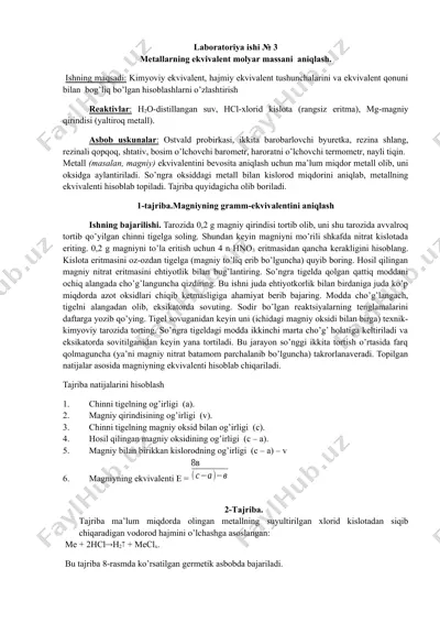 metallarning ekvivalent molyar massani aniqlash — DOCX