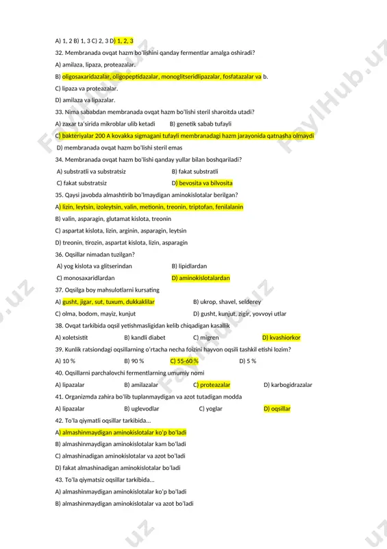 c) vorsinkalar ustida birikib d) vorsinkalarning pastki qismida 29. ingichka ichak devorining shilliq qavati qaysi jarayonlarni amalga oshiradi? a) harakat va motor b) harakat va so’rilish c) harakat d) parchalanish 30. mikrovorsinkalar orasidagi kovaklarning kengligi qancha? a) 100 a0 b) 200 a0 c) 300 a0 d) 400 a0 31. ovqat hazm qilishning qanday tiplarini bilasiz? 1) hujayradan tashqarida - distant; 2) hujayra ichida; 3) membranada a) 1, 2 b) 1, 3 c) 2, 3 d) 1, 2, 3 32. membranada ovqat hazm bo’lishini qanday fermentlar amalga oshiradi? a) amilaza, lipaza, proteazalar. b) oligosaxaridazalar, oligopeptidazalar, monoglitseridlipazalar, fosfatazalar va b. c) lipaza va proteazalar. d) amilaza va lipazalar. 33. nima sababdan membranada ovqat hazm bo’lishi steril sharoitda utadi? a) zaxar ta‘sirida mikroblar ulib ketadi b) genetik sabab tufayli c) bakteriyalar 200 a kovakka sigmagani tufayli membranadagi hazm jarayonida qatnasha olmaydi d) membranada ovqat hazm bo’lishi steril emas 34. membranada ovqat hazm bo’lishi …
