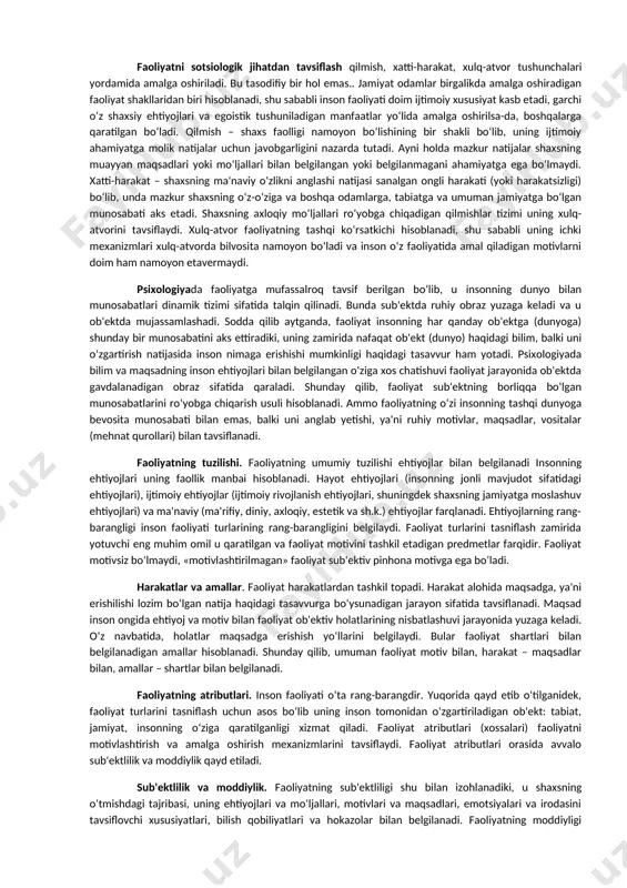 , faoliyat turlari tizimi belgilaydi. kassirer til, mif, din, san'at, fan, tarixni inson faoliyati tizimining turli sektorlari sifatida qayd etadi. insonni tushunish bu faoliyat turlaridan har birining teran qatlamlari haqida tasavvur hosil qilish va ayni vaqtda uni yaxlit bir butun organizm sifatida tushunish demakdir. faoliyatni sotsiologik jihatdan tavsiflash qilmish, xatti-harakat, xulq-atvor tushunchalari yordamida amalga oshiriladi. bu tasodifiy bir hol emas.. jamiyat odamlar birgalikda amalga oshiradigan faoliyat shakllaridan biri hisoblanadi, shu sababli inson faoliyati doim ijtimoiy xususiyat kasb etadi, garchi o‘z shaxsiy ehtiyojlari va egoistik tushuniladigan manfaatlar yo‘lida amalga oshirilsa-da, boshqalarga qaratilgan bo‘ladi. qilmish – shaxs faolligi namoyon bo‘lishining bir shakli bo‘lib, uning ijtimoiy ahamiyatga molik natijalar uchun javobgarligini nazarda tutadi. ayni holda mazkur natijalar shaxsning muayyan maqsadlari yoki mo‘ljallari bilan belgilangan yoki belgilanmagani ahamiyatga ega bo‘lmaydi. xatti-harakat – shaxsning ma'naviy o‘zlikni anglashi natijasi sanalgan ongli harakati (yoki harakatsizligi) bo‘lib, unda mazkur shaxsning o‘z-o‘ziga va boshqa odamlarga, tabiatga va umuman jamiyatga …