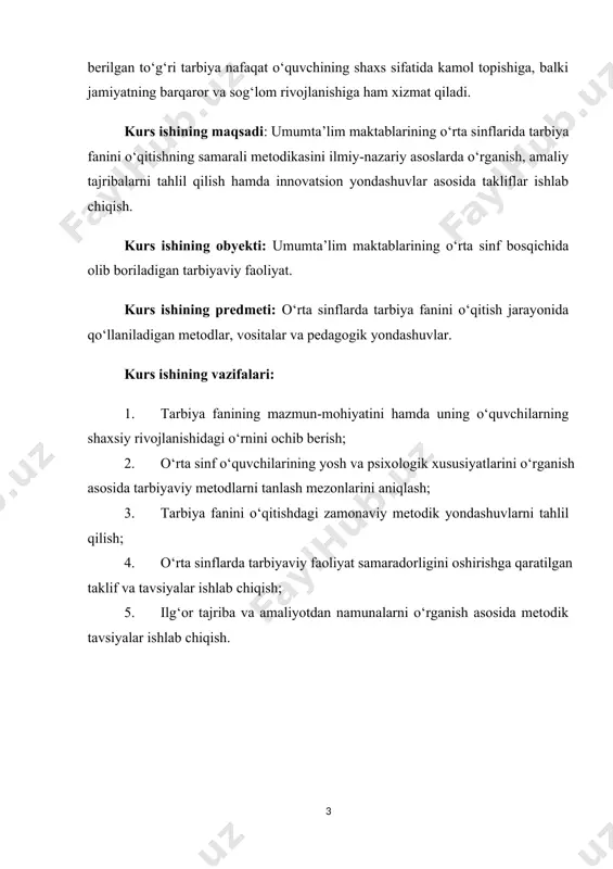 bo’lib, tarbiya jarayonining mazmuni, mohiyati, qoidalari, usuli va tashkil etilishi masalalarini o’rganadi. tarbiya nazariyasi markaziy osiyo faylasuflarining va xalq pedagogikasining tarbiya borasidagi boy tajribalariga tayanadi. tarbiya ta‘lim berish bilan mustahkam aloqada bo’lgani holda o’ziga xos qonuniyatlarga ega. ta‘lim-tarbiya yaxlit pedagogik jarayondir. lekin ular bir-biriga aynan o’xshash emas. bir butun pedagogik jarayonda ta‘lim doimo tarbiyaviy vazifalarni, tarbiya esa hayotni bilish, unga tayyorlanishdek mas‘uliyatli vazifani bajaradi. ta‘limning asosiy vazifasi o’quvchilarni bilimlar bilan qurollantirish bo’lsa, tarbiyada o’quvchining jamiyatimizda qabul qilingan axloq-odob qoidalariga mos keladigan e‘tiqodini, axloqiy malaka va ko’nikmalarini tarkib toptirish muhimdir. tarbiya jarayonining mohiyati shu jarayon uchun xarakterli bo’lgan va muayyan qonuniyatlarda namoyon bo’ladigan ichki aloqa va munosabatlarni aks ettiradi. tarbiya jarayoni murakkab jarayon bo’lib, u uzoq davom etadi hamda uning natijasini ko’rish qiyinroq kechadi. bolalarni tarbiyalash ular tug’ilgan vaqtidan boshlanadi va muntazam ravishda ta‘lim berish bilan birga olib boriladi. bolaning o’sishi va tarbiyasi uning faoliyati jarayonida amalga oshiriladi. tarbiya tarbiyalanuvchining ruhiyatiga …