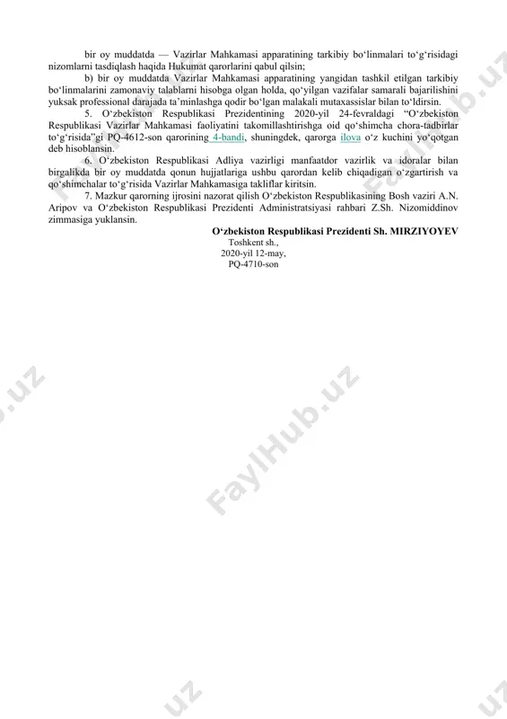 zirlar mahkamasining boshqaruv xodimlari cheklangan soni 262 nafar shtat birligidan iborat bo‘lgan yangilangan ijro etuvchi tuzilmasi ilovaga muvofiq tasdiqlansin. (2-bandning birinchi xatboshisi o‘zbekiston respublikasi prezidentining 2020-yil 18-avgustdagi pf-6042-sonli farmoni tahririda — qonun hujjatlari ma’lumotlari milliy bazasi, 18.08.2020-y., 06/20/6042/1190-son) o‘zbekiston respublikasining bosh vaziriga o‘rta va uzoq muddatga mo‘ljallangan ustuvor vazifalarni hal qilishning muhimligi va natijadorligini hisobga olgan holda, zarurat bo‘lganda, vazirlar mahkamasi xodimlarining umumiy shtatlari soni doirasida uning ijro etuvchi tuzilmasiga o‘zgartirishlar kiritish huquqi berilsin. 3. o‘zbekiston respublikasining bosh vaziriga “o‘zbekiston respublikasi vazirlar mahkamasi to‘g‘risida”gi o‘zbekiston respublikasi qonunining 21-moddasida belgilangan asosiy ustuvor vazifalar bilan birga: a) vazirlar mahkamasining quyidagi yo‘nalishlar bo‘yicha faoliyatiga bevosita rahbarlik qilish: it-texnologiyalar, “elektron hukumat”ni joriy etish, axborot xavfsizligini ta’minlash, shuningdek, telekommunikatsiyalar, ilm-fan, ilmiy tadqiqotlar va innovatsiyalarni rivojlantirishni ta’minlash; sanoatning bazaviy tarmoqlarini, shu jumladan geologiya, tog‘-kon va metallurgiya sohalarini, shuningdek, neft-gaz, yoqilg‘i va atom energetikasi sanoatini jadal va barqaror rivojlantirish; mashinasozlik, avtomobil, elektrotexnika, to‘qimachilik, zargarlik, kimyo, ko‘mir, mudofaa …