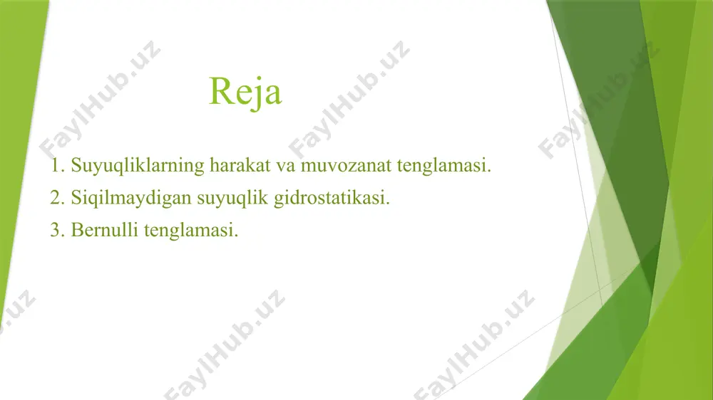 deb qarash mumkin. bu kuchlar bir-biriga teng va qarama-qarshi yo‘nalgan bo‘lsa, jism muvozanatda bo‘ladi. masalan, kemaning suzishini tekshiradigan bo‘lsak, suv ustida bemalol suzib yurishi uchun kemaning suvga botirilgan qismi siqib chiqargan suvning og‘irligi kemaning yuki bilan birgalikdagi havodagi og‘irligiga teng bo‘lishi lozim. suyuqlikning ko‘ndalang kesimi turlicha bo‘lgan oqim nayida oqish jarayonini qarab chiqaylik. ma’lumki, suyuqlik oqimining hech yerda uzilmasligi, ya’ni uning uzluksizligidan suyuqlik tezligining oqim nayining ko‘ndalang kesimiga ko‘paytmasining o‘zgarmas ekanligi kelib chiqadi. bu esa ma’lum vaqt oralig‘ida nayning bir uchidan oqib kirayotgan suyuqlikning hajmi uning qarama-qarshi tomonidan oqib chiqayotgan suyuqlik hajmiga teng bo‘lishini bildiradi: 1s1 2s2 bu tenglama bernulli tenglamasi deb ataladi. bernulli tenglamasidan kelib chiqadigan xulosalardan biri shunday: oqim nayining ingichka qismida suyuqlikning tezligi boshqa qismlardagiga qaraganda katta bo‘ladi. nazorat savollar: 1. suyuqliklarning harakatini tushuntiring. 2. bernulli tenglamasini tushuntirib bering. adabiyotlar. 1.абдурахманов к.п, эгамов у , “физика” дарслик, тошкент, 2010. 2. абдурахмонов у, боймуратов ф.т, бегматова д.а. “ …