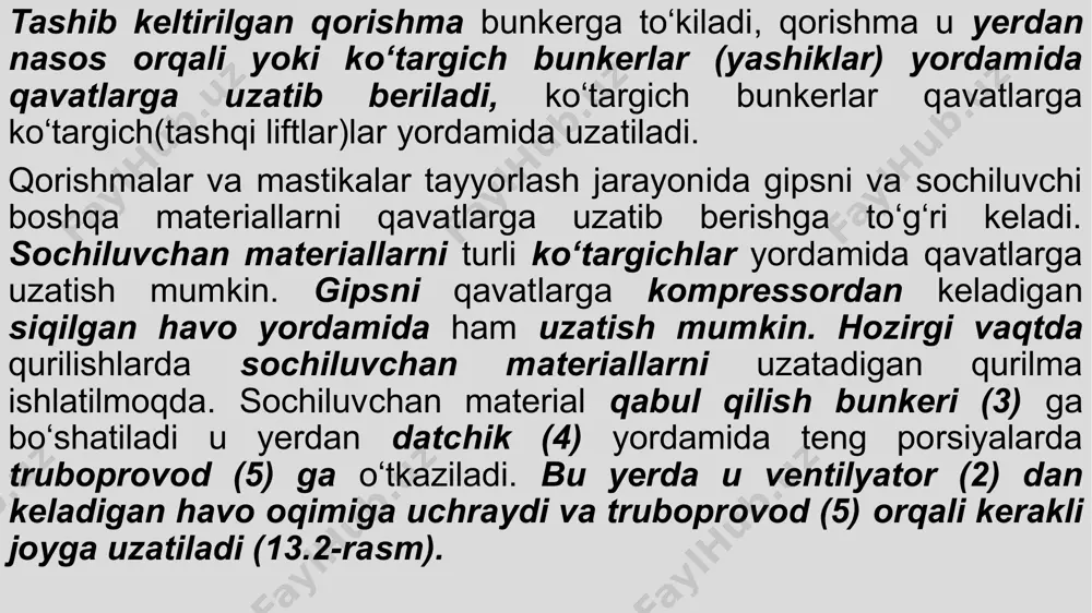 a chaplash. suvoq qurilmalari va agregatlari suvoq ishlarining ko‘lami kichik bo‘lganda ish unumi kam; soatiga 1-2 m3 bo‘lgan qorishma nasoslaridan foydalaniladi. katta ko‘lamli suvoq ishlarini bajarishda qo‘zg‘almas va ko‘chma suvoq qurilmalari yoki agregatlari ishlatiladi. agar ko‘p qavatli binoni suvash kerak bo‘lsa, pastga ish unumi yuqori bo‘lgan kuchli qorishma nasosi o‘rnatiladi, bu nasosdan qorishmani qavatlararo bunkerga tashib beradigan transport mashinasi sifatida foydalaniladi; qavatlarda esa ish unumi kamroq bo‘lib, qorishmani yuzalarga chaplashda qo‘llaniladigan qorishma nasoslari o‘rnatiladi (13.6-rasm). 13.6-rasm. qorishma nasosining ish holati. suvoq ishlarining ko‘lami, binoning balandligi, shuningdek ishlarning bajarilish usuliga qarab bitta yoki bir nechta qorishma nasosi ishlatilishi mumkin. agar yuza gipsli qorishma bilan suvalsa, qo‘shimcha qorishma qorgich o‘rnatiladi, unga qorishma qavatlararo bunkerdan keladi va gips hamda tutib qolishni sekinlashtirgich bilan aralashtiriladi. bu qorishma keyin qorishma nasosiga o‘tkaziladi. kompressorlar pastga qorishma uzeli yoniga va qorishma nasoslari turgan qavatlarga o‘rnatiladi, bu asosan ishlatiladigan compressorlarning xiliga, quvvatiga va og‘irligiga bog‘liq (13.7-rasm). yangi binolarni …