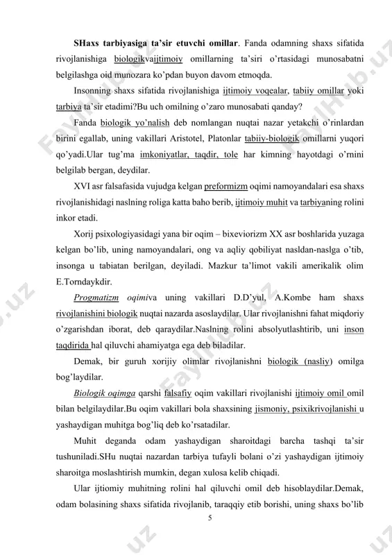 digan tarbiya ham birdek ahamiyatga ega. bu omillarning ta’sirini aniqlashda ilg’or pedagogik olimlar, psixolog va faylasuflar ta’limotiga suyaniladi. falsafada shaxsni jamiyat bilan bog’liq bo’lgan ijtimoiy hayotdagi murakkab voqelik deb qaraladi.ular individning ma’naviy boyligi uning munosabatlariga bog’liq, deb hisoblaydilar. haqiqatdan ham, shaxs mehnat faoliyati zaminida rivojlanadi, kamolga yetadi.inson sharoitni, sharoit esa odamni yaratadi.bu esa o’z navbatida inson faolligini namoyon etadi.zero, shaxs ma’lum ijtimoiy tuzum mahsulidir.jamiyat shaxs kamolotining muayyan imkoniyatlarini ro’yobga chiqarishi yoki yo’q qilishi mumkin. faylasuflar shaxsni tabiatning bir bo’lagi deb baholaydilar.bu insondagi layoqat kurtaklari bo’lib, uning rivojlanishi uchun tarbiya kerak, degan g’oyani ifodalaydi. jamiyat taraqqiyoti shaxs rivojlanishi uchun keng imkoniyatlar yaratadi.demak, shaxs bilan jamiyat o’rtasida ham uzviy aloqa mavjud. shunday qilib, odam shaxsining jamiyatdagi rivojlanishi tabiat, muhit, inson o’rtasidagi murakkab aloqa ta’siri ostida ro’y beradi, inson ularga faol ta’sir etadi va shu yo’l bilan hayoti va o’z tabiatini o’zgartiradi. shaxsga ijtimoiy muhitning ta’siri ham muhim.bu tarbiya tizimi orqali amalga oshiriladi. …
