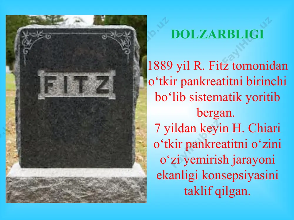 silindruriya aniqlanadi. laborator diagnostika prokalsitonin testi norma –0,3 ng/ml kursatkichlar 0,8 ng/ml baland bulsa tarkalgan pankreonekrozdan dalolat instrumental diagnostika – utt spetsifik kursatkich meda osti bezi kattalashishi, shaklini uzgarishi, parenximasi uzgarishi, virsung kanalini dilatatsiyasi nospetsifik kursatkich korin va plevra bushligida suyuklik ygilishi, ichak parezi utkir pankreatit utt tekshiruvi utkir pankreatit utt tekshiruvi rentgenologik tekshiruv, endoskopik tekshiruv ultratovush yordamida tekshiruv kompyuter tomografiya, angiografiya laparoskopiya maxsus tekshiruv usullari angiografiya virsungografiya kompyuter tomografiya yader-magnit tomografiya seliakografiya me'da osti bezi angiografik semiotikasi mob arteriya uzgarishi parenximada kon aylanishi buzilishi mob atrofi arteriyalar uzgarishi pankreonekroz chegaralangan tromboz va tomirning toraeshi lokalnoe oslablenie arterialnogo krovosnabjeniya, pozdnee nastuplenie venoznoy fazы ottesnenie chrevnoy, obщey pechenochnoy, jeludochno-dvenadsatiperstnoy arteriy, inogda diametr pechenochnoy arterii stanovitsya shire selezenochnoy pankreonekroz tarkalgan tromboz oslablenie arterialnogo krovosnabjeniya vplot do polnogo ischeznoveniya sosudistogo risunka, zaderjka ili otsutstvie splenoportogram trombozы krupnыx arteriy jeludka i 12 p.k. pankreonekrozdagi «oynali shish» pankreonekrozdagi «stearin pilakchalar» pankreonekrozdagi «stearin pilakchalar» va fibrin …
