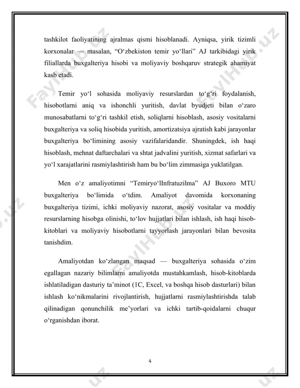 arajasi va amortizatsiyasi aniqlanadi; · moliyaviy hisobotlar (balans, foyda va zarar hisoboti, pul oqimlari hisobotlari) tayyorlanadi; · 1c: buxgalteriya dasturi yordamida elektron hisob-kitoblar yuritiladi. bo‘limda bosh buxgalter rahbarligida bir nechta yo‘nalish bo‘yicha mutaxassislar ishlaydi: · ish haqi bo‘yicha hisobchi; · moddiy masalalar hisobchisi; · soliqlar va byudjet bo‘yicha mutaxassis; · bank operatsiyalarini yurituvchi hisobchi; · asosiy vositalar bo‘yicha buxgalter. amaliyotning dastlabki bosqichlari: amaliyotning birinchi haftasida men korxona faoliyati bilan tanishdim, bo‘limlar kesimida tashkil etilgan ishlar haqida ma’lumot oldim. ayniqsa, buxgalteriya bo‘limidagi hujjatlar aylanishi, ichki buxgalteriya siyosati, hisob raqamlarining yuritilishi, ish haqi hisob-kitobining o‘ziga xosliklari, rasmiylashtirish hujjatlari va elektron dasturlarda olib borilayotgan hisobotlar bilan yaqindan tanishdim. amaliyotning asosiy diqqat markazi — buxgalteriya bo‘limi faoliyatining kundalik ishlariga, moliyaviy hujjatlar bilan ishlashga va real hisob-kitoblar jarayonida ishtirok etishga qaratildi. 2. korxonaning xo‘jalik vositalari bilan tanishish har qanday korxonada xo‘jalik faoliyatining muvaffaqiyatli olib borilishi uchun zarur moddiy, mehnat va moliyaviy resurslar mavjud bo‘lishi shart. …