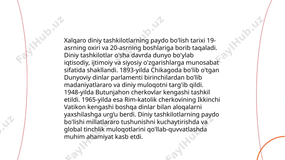 hkilotlar tomonidan qo'llab-quvvatlanadigan loyihalar 30 milliondan ortiq insonning huquqlarini himoya qilishda yordam bergan. diniy tashkilotlar inson huquqlari borasida 1200 ta muhim tashabbusni ilgari surdi. ... t.me/slaydai_bot diniy tashkilotlar tinchlik va barqarorlikka ijobiy ta'sir ko'rsatishi mumkin. ular jamiyatda tinchliksevarlikni targ'ib qiladi va insonlar o'rtasida totuvlikni mustahkamlaydi. masalan, xalqaro miqyosda birlashgan millatlar tashkiloti hisob-kitoblariga ko'ra, har yili minglab nizolarni hal qilishga harakat qiluvchi diniy liderlar mavjud. 2019 yilda dinlararo dialog ko'magida 15% mojarolar tinch yo'l bilan hal etilgan. o'zbekistonda esa diniy tashkilotlar barqarorlikka hissa qo'shish maqsadida 25 dan ortiq loyihalarni amalga oshirmoqda. bular milliy totuvlik va bir-birini tushunishga qaratilgan dasturlardan iborat. ... t.me/slaydai_bot diniy tashkilotlar atrofi-muhitni muhofaza qilishda muhim rol o'ynaydi. ular odamlarni ekologik mas'uliyatga undash orqali tabiatni asrashga hissa qo'shadi. o'zbekiston bo'ylab 200 dan ortiq masjidlar va diniy markazlar atrof-muhitni muhofaza qilish loyihalarini qo'llab-quvvatlamoqda. 2019-yilda 50 mingdan ortiq ko'chatlar ekildi va bu jarayonga 10 mingdan ziyod dindorlar jalb qilindi. diniy yetakchilar …