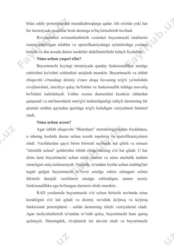 unksionallik talabga muvofiq bo'lishini kafolatlaydi. ushbu sxema dasturchini keraksiz ishlardan qutqaradi va ma'lumotlarni noto'g'ri tushunilganligi tufayli dasturning bir qismini noldan qaytadan qurishga to'g'ri keladigan vaziyatlarni bartaraf etadi. nima uchun arzon? agar ishlab chiquvchi “sharshara” metodologiyasidan foydalansa, u ishning boshida dastur uchun texnik topshiriq va spetsifikatsiyalarni oladi. vazifalardan qaysi birini birinchi navbatda hal qilish va nimani "shirinlik uchun" qoldirishni ishlab chiquvchining o'zi hal qiladi. u har doim ham buyurtmachi uchun nima muhim va nima unchalik muhim emasligini aniq tushunmaydi. natijada, to'satdan loyiha uchun mablag'lari tugab qolgan buyurtmachi to’lovni amalga oshira olmagani uchun ikkinchi darajali vazifalarni amalga oshiradigan, ammo asosiy funksionallikka ega bo'lmagan dasturni olishi mumkin. rad yordamida buyurtmachi o'zi uchun birinchi navbatda nima kerakligini o'zi hal qiladi va doimiy ravishda ko'proq va ko'proq funktsional prototiplarni - aslida dasturning ishchi versiyalarini oladi. agar moliyalashtirish to'satdan to’xtab qolsa, buyurtmachi ham quruq qolmaydi. shuningdek, rivojlanish tez davom etadi va buyurtmachi dasturni ancha oldinroq oladi …