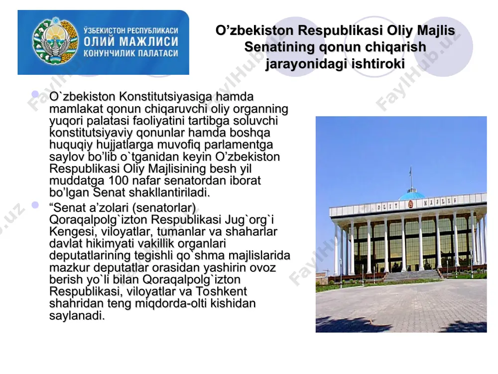 saylanadi ayni bir vaqtda fuqarolarning senatorlar saylovidagi ishtiroki bilvosita tarzda mahalliy vakillik hokimiyati organlari (qoraqalpolg`izton respublikasi jug`org`i kengesi, xalq deputatlari viloyat, tuman va shahar kengashlari) deputatlari tomonidan saylash orqali amalga oshiriladi. shuni ta’kidlash joizki, parlamentning quyi palatasiga 120 nafar deputatni saylash saylov okruglari bo’yicha ko’p partiyaviylik asosida, mahalliy vakillik organlari deputatlari saylovi bilan bir vaqtda o’tadi. mahalliy vakillik organlarining yangi saylangan deputatlari saylanganlaridan so’ng ayni o’z tarkiblaridan bir oy ichida yashirin ovoz berish yo’li bilan oliy majlis senatorlarini (qoraqalpolg`izton respublikasi, har bir viloyat va toshkent shahridan olti kishidan) saylaydilar. bu senat hududiy vakillik organi ekanligi hamda saylovni o’tkazish xususiyati va o’ziga hostomonlari qonun chiqaruvchi oliy organning yuqori palatasiga vakillarini ko’rsatgan mintaqalar bilan chambarchas bog’liq ekanligi taqozosidir. o’zbekiston respublikasi oliy majlisining senatining faoliayatini konstitutsiyaviy-huquqiy jihatdan ta’minlash mamlakatning asosiy qonuniga-1992 yil 8 dekabrda qabul qilingan o’zbekiston respublikasi konstitutsiyasiga asoslanadi. umum milliy referendum yakunlarini inobatga olib hamda bir palatali parlamentdan ikki palatali tizimga …