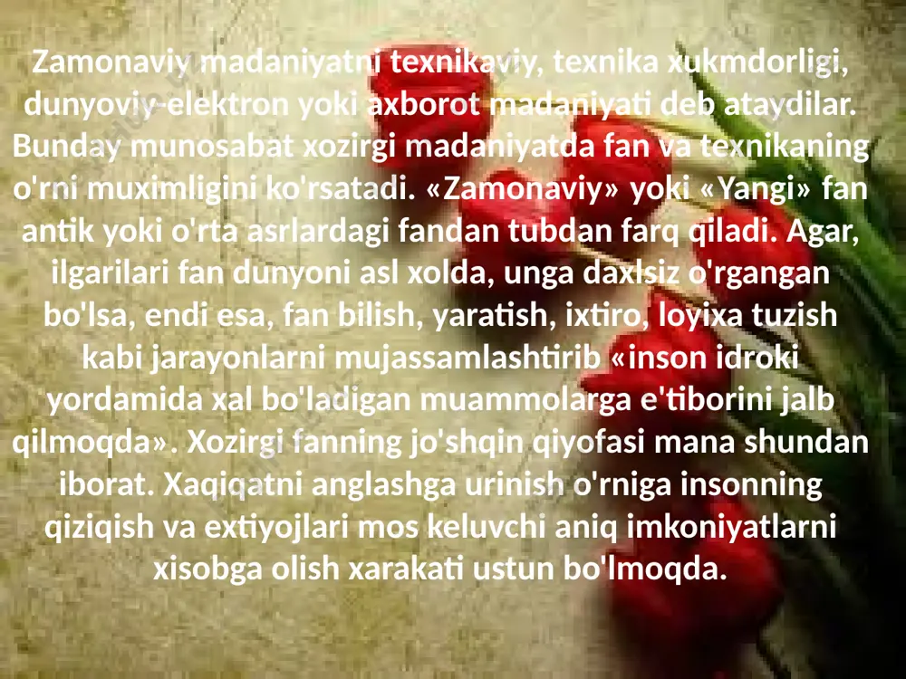 iyati asosini belgiladi. uning keng rivojlanishi natijasida xvii asrda «ilmiy inqilob», xviii asrda ma'rifatparvarlik g'oyalarining tarqalishi va sanoat inqilobi boshlanishiga, nixoyat, xix-xx asrlar davomida madaniyatning klassik texnikaviy shaklidagi yutuqlarga olib keldi. xvii asrda fan yevropaliklar xayotiga, jamiyat ishlab chiqarishining barcha tizimlarini rivojlantirish va me'yorida faoliyat ko'rsatishning tabiiy va zaruriy sharti bo'lib maxsus ijtimoiy institut sifatida jadal kirib keldi. davlat bu turdagi faoliyatning barcha qiyinchiliklarini o'zining zimmasiga oldi. xvii asrda ilmiy inqilob matematika va mexanikada sodir bo'lib, aniq fanning ikki yo'nalishi, ya'ni, aksiomatik va tajribaviy faoliyatlar birlashdi. zamonaviy fanda eksperiment (tajriba) bilishning usuli va quroli sifatida nazariy fanning antik va o'rta asrlar shaklida tubdan farq qiladi. eksperimentga tayanuvchi olim antik davr donishmand-faylasufi yoki o'rta asrlardagi iloxiyotshunosdan farqli olamga mutlaqo boshqacha munosabatni o'ziga tanladi. u sodir bo'layotgan xodisalarni kuzatish va mushoxada qilishdan tabiatni extiyojiga mos tarzda o'zgartiruvchiga aylandi va o'zining sirlarini namoyon qildi. ma'rifatparvarlarning ratsionalistik yo'nalishi xviii asrdagi ishlab chiqarishni tashkil qilish, …