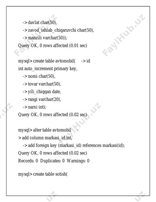 motlar ustida amallar so’rov: mysql> select*from xodim where id =1; natijasi: so’rov mysql> select*from xodim where id=1 and fam="smith"; natijasi: so’rov mysql> select*from xodim where id=1 or fam="johnson"; natijasi: so’rov mysql> select*from xodim where not id=1 ; natijasi: 6.malumotlarni saralash so’rov mysql> select*from xodim order by ism; natijasi: 7.malumotlarni o’chirish so’rov mysql> delete from sotish where id=1; query ok, 1 row affected (0.02 sec) natijasi: 8.malumotlarni o’zgartirish so’rov mysql> update xodim set ish_haqi="supervisor" where id = 1; query ok, 1 row affected (0.00 sec) rows matched: 1 changed: 1 warnings: 0 natijasi: 9.jadvallarni o’chirish so’rov mysql> drop table sotish; query ok, 0 rows affected (0.02 sec) natijasi: 10.jadval ustunlarini o’zgartirish so’rov mysql> alter table xodim -> add column manzil varchar(50) after ish_haqi , -> drop column tajribasi; query ok, 2 rows affected (0.03 sec) records: 2 duplicates: 0 warnings: 0 natijasi: