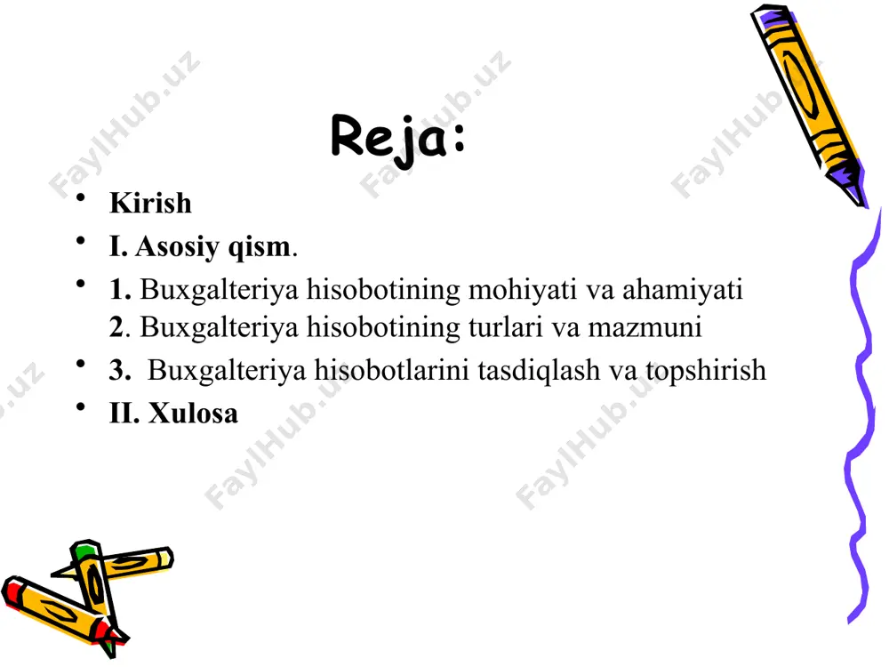larini qoldiqlari aks etgiriladi. ma'lumotnomalarda esa xo’jalik faoliyatining asosiy ko’rsatkichlari qanday bajarilganliklari ko’rsatiladi.choraklik buxgalteriya hisobotining hajmi keng bo’lib, balansdan tashqari xo’jalik faoliyatyning turli ko’rsatkichlarini aks ettiruvchi bir necha jadvallardan iborat bo’ladi: korxonalar yillik buxgalteriya hisobotini kelasi yilning 1-yanvar holatiga to’zilib, yakunlovchi buxgalteriya balansi va xo’jalik faoliyatini har tomonlama harakterlab beruvchi ko’pgina jadvallardan iborat bo’ladi va yuqoridagi ko’rsatilga shakllardan tashqari. asosiy vositalar, fondlar harakati,qarzga olingan mablag’larning harakati.debitor va kreditor qarzlar.ijtimoiy ko’rsatkichlar va valyuta mablag’larining harakatiga doyr hamda yillik foydaning taqsimlanishini aks etiruvchi jadval (shakl) lar ham kiritiladi. xo’jalikka yaxshi rahbarlik qilish uchun, bu yil xom-ashyo materiallarimiz zahirasi utgan yildagidan ko’pmi yoki kammi, shuningdek ishlab chqarish xarajatlari va uning oy, yilda kancha va utgan oy, yilda kancha edi; ishlab chiqarilgan mahsulotlar ko’paydimi, qaysi turlari ko’paydi, tayyor mahsulotlar qanday sotilayapti, ulardan qaysi turlarini ishlab chqarish foydalirok va hokazolar. bu savollarga biror xudud bo’yicha javob olish uchun buxgalteriya hisobotlarini umumlashtirish zarur. chunki shu kabi …