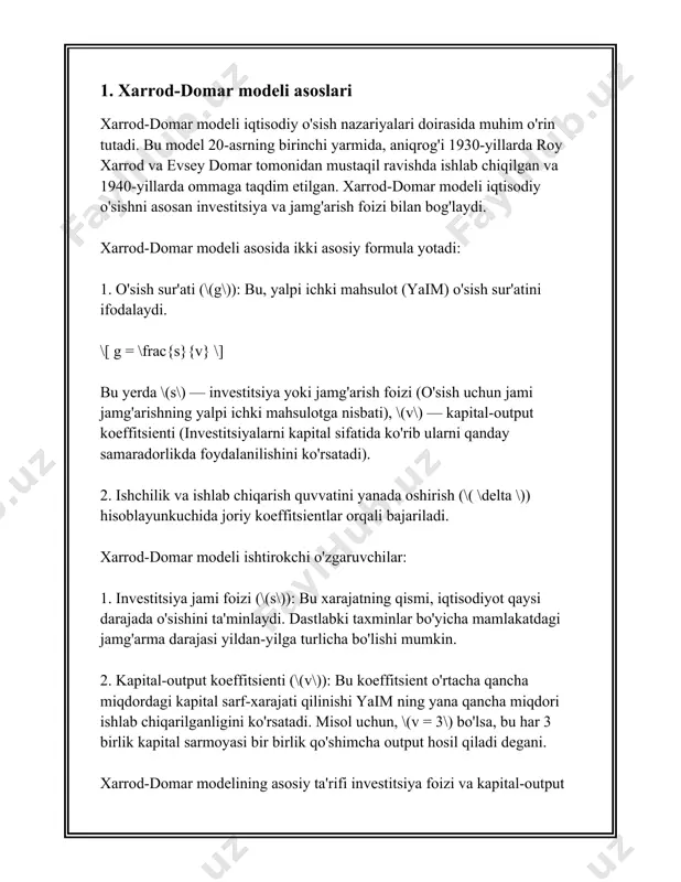 aniladi. 1. jamg'arish darajasi (s): jamg'arish darajasi iqtisodiy rivojlanishda muhim omildir, chunki u sarmoya darajasi bilan bevosita bog'liqdir. xarrod-domar modelida jamg'arish darajasi yuqori bo'lsa, iqtisodiy o'sish sur'ati ham yuqori bo'lishi kutiladi. jamg'arishning yuqori darajasi yangi sarmoyalarni moliyalashtirish imkonini beradi va ishlab chiqarishni rivojlantirishga xizmat qiladi. 2. kapital maqsad koeffitsienti (v, yoki icor - incremental capital output ratio): bu koeffitsient yangi kapitalning bir birlik qo'shimcha ishlab chiqarish yaratish uchun zarur bo'lgan miqdorini ifodalaydi. xarrod-domar modelida icor qancha kichik bo'lsa, iqtisodiy o'sish sur'ati shuncha samaraliroq bo'lishi mumkin. masalan, agar icor 3 ga teng bo'lsa, demak, har bir qo'shimcha ishlab chiqarish birlik uchun uch birlik kapital talab qilinadi. bu ko'rsatkich jamg'arma samaradorligini aks ettiradi. 3. iqtisodiy o'sish sur'ati (g): iqtisodiy o'sish sur'ati xarrod-domar modelida real milliy mahsulotning o'sish sur'atini anglatadi. ushbu o'sish sur'ati quyidagi formula orqali hisoblanadi: g = s / v, bu yerda g — iqtisodiy o'sish sur'ati, s — jamg'arish darajasi, …