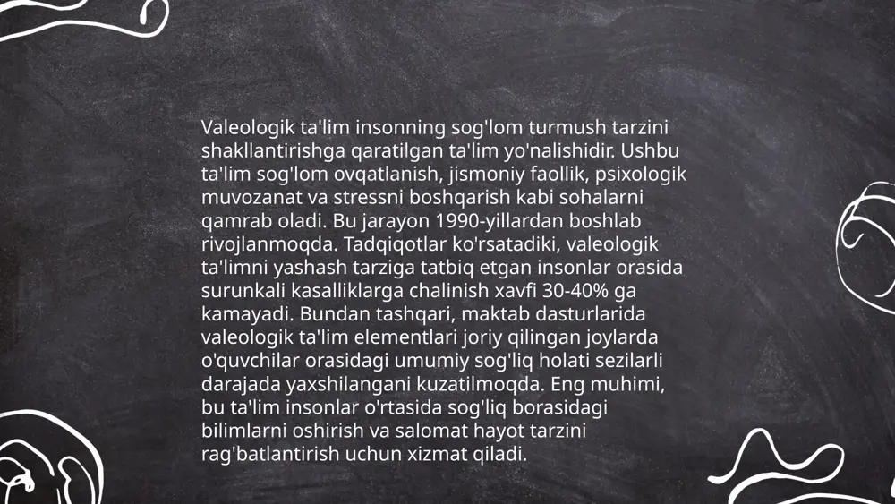 ydai_bot giyohvandlik ruhiy salomatlikka jiddiy zarar yetkazishi mumkin. giyohvand moddalar uzluksiz qo'llanilganda, ular miyada kimyoviy o'zgarishlar keltirib chiqaradi. bu o'zgarishlar depressiya, xavotir, stress va psixoz kabi ruhiy kasalliklarni kuchaytiradi yoki yuzaga keltiradi. ma'lumotlarga ko'ra, narkotik moddalarni iste'mol qiladiganlarning 50% ortig'i biron bir ruhiy kasallik bilan og'riydi. bunday moddalardan haddan tashqari foydalanish o'z joniga qasd qilish xavfini ham oshirishi mumkin. giyohvandlikning ruhiy salomatlikka salbiy ta'siri nafaqat individual darajada, balki ijtimoiy va iqtisodiy jihatlarda ham seziladi, bu esa jamiyatda katta zarar keltiradi. ... t.me/slaydai_bot sog‘lom ovqatlanish inson salomatligini yaxshilaydi va jismoniy hamda ruhiy holatini qo‘llab-quvvatlaydi. ommabop ma'lumotlarga ko‘ra, meva va sabzavotlarni ko‘proq iste'mol qilish xavfli kasalliklar, jumladan, yurak kasalliklari va diabet xavfini kamaytiradi. jahon sog‘liqni saqlash tashkiloti (jst) kunlik kamida 400 gramm meva va sabzavot iste'molini tavsiya qiladi. go‘yohvandlikdan uzoqlashish esa turmush sifatini oshiradi va salbiy oqibatlardan himoya qiladi. jst ma'lumotlariga ko‘ra, dunyoda 35 milliondan ortiq inson go‘yohvandlikdan aziyat chekadi, shuning uchun …