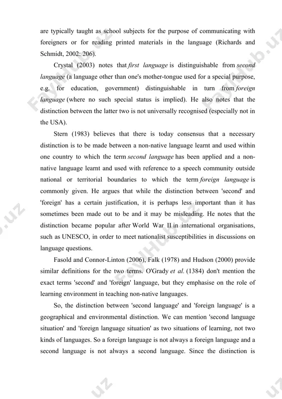 ote that foreign languages are typically taught as school subjects for the purpose of communicating with foreigners or for reading printed materials in the language (richards and schmidt, 2002: 206). crystal (2003) notes that first language is distinguishable from second language (a language other than one's mother-tongue used for a special purpose, e.g. for education, government) distinguishable in turn from foreign language (where no such special status is implied). he also notes that the distinction between the latter two is not universally recognised (especially not in the usa). stern (1983) believes that there is today consensus that a necessary distinction is to be made between a non-native language learnt and used within one country to which the term second language has been applied and a non-native language learnt and used with reference to a speech community outside national or territorial boundaries to which the term foreign language is commonly given. …