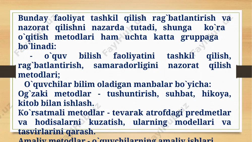 ng o‘ziga xos shakllari, vositalari, metodlari va texnologiyalari bilan boyitildi. kurs ishining nazariy va amaliy ahamiyati. pedagogikada «tarbiya» so'zi turli ma'noda ishlatiladi. chunonchi, tarbiya keng sotsial ma’noda, ijtimoiy hodisa sifatida qo'llanilganda jamiyatning barcha tarbiyaviy vositalarini: oilani, maktabgacha tarbiya, o'quv-tarbiya muassasalarini, mehnat jamoalari, axborot manbalarining tarbiya yo'nalishida olib boradigan harakatlarini o’z ichiga oladi. bu tarbiya vositalari o'sib kelayotgan yosh avlodning har tomonlama kamol topishiga xizmat qiladi. i bob. boshlang’ich sinf o’quvchilari bilan ishlashda o’qitish metodlaridan keng foydalanish ko’nikmasini shakllantirishning nazariy asoslari 1.1. asosiy pedagogik tushunchalar pedagogik adabiyotlarda va amaliyotda «tarbiya» so'zi aniq, tor vo'nalishni belgilash uchun ham ishlatiladi. shu ma'noda 1-sinf o’qituvchisi rahbarligida aniq maqsadga qaratilgan jarayon tushuniladi. o’qitish - o'qituvchi va o’quvchining birgalikdagi faoliyati boiib bu jarayonda bolalarning m alum ot olishi. o'quv ko'nikma va malakasini egallashi, tarbiyalanib, rivojlanib borishi nazarda tutiladi. ma’lumot - bunda nafaqat o'qitish, balki mustaqil bilim olish, ommaviy axborotlar ta ’sirida boiish bilan birga. insonning ilmiy …