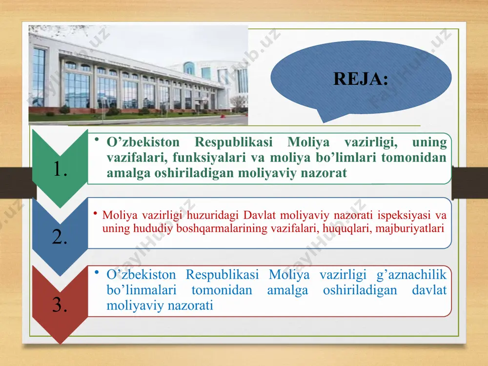 al-xom ashyo, yer-suv hamda boshqa resurslar va uskunalardan oqilona foydalanishda soliq hamda boshqa majburiy to’lovlarning rag’batlantiruvchi rolini kuchaytirish yo’li bilan soliq tizimini izchil takomillashtirib borish, soliq ma’muriyatchiligi samaradorligini oshirish, soliqlar hamda boshqa majburiy to’lovlarni hisoblash va to’lash tartibini soddalashtirish; byudjetlararo munosabatlarni tubdan takomillashtirish, qoraqalpog’iston respublikasi byudjeti, viloyatlar va toshkent shahar mahalliy byudjetlarining daromad bazasini barcha choralar bilan kengaytirish, ularning mutanosibligi va o’zini o’zi qoplay olishini ta’minlash, iqtisodiyot bazaviy tarmoqlarining moliyaviy barqarorligini ta’minlash borasidagi ishlarni muvofiqlashtirish; o’zbekiston respublikasi markaziy banki bilan birgalikda valyuta-moliya siyosatining asosiy tamoyillari va usullarini shakllantirish, davlatning valyuta resurslarini ko’paytirish va ulardan samarali foydalanish bo’yicha takliflar ishlab chiqish; fuqarolarning pensiya ta’minoti sohasida davlat siyosatining asosiy yo’nalishlarini ishlab chiqish, pensiya jamg’armasi daromadlari va xarajatlarining mutanosibligini ta’minlash, hamda ularni nazorat qilish; sug’urta tashkilotlarining sug’urta munosabatlari barcha qatnashchilarining huquq va qonuniy manfaatlari himoya qilinishini ta’minlashga qaratilgan faoliyatini nazorat qilish, buxgalterlik hisobi va hisobotining yagona metodologiyasini shakllantirish va amalga oshirish, auditorlik faoliyatini …