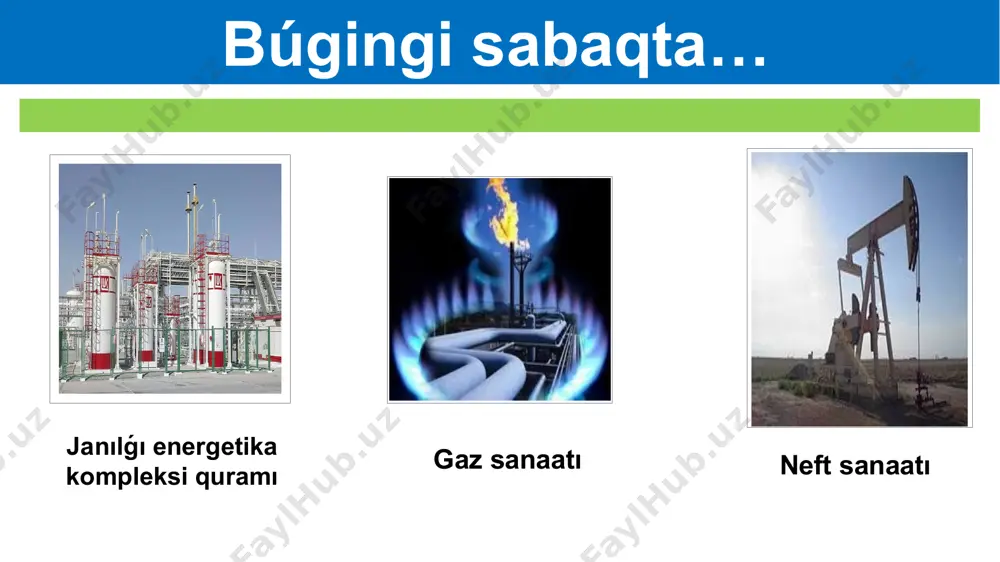 ń jas tarmaǵı bolǵan gaz sanaatı keyingi jıllarda jedel rawajlanıp atır. ferǵana wálayatında neft menen birge qazıp shıǵarılǵan gaz sanaatda hám xalıq xojalıq mútajliklerinde paydalanıla baslaǵan. mámleketimizde kómir hám neftke salıstırǵanda tábiyiy gaz bir qansha kóp. gaz kánleri neft kánleri menen jaqın jaylasqan. gazdıń azraq bólegi (joldas gaz) neft penen birge qazıp shıǵarıladı, lekin gazdıń tiykarǵı bólegi taza gaz kánlerinen alınadı. 2 trillion kub metr. gaz qorí: gaz qazíp alíw: 1950-jılda - 9 mln. kub metr, házirgi kúnde - 60 mlrd. kub metr. gaz sanaatı 1 jılda neft kirip etiwshi mámleketler shólkemi - opektiń rásmiy maǵlıwmatlarına kóre ózbekstan tábiyiy gaz qazıp alıwshı mámleketler reytinginde 14-orındı iyeleydi. gaz sapalı janılǵı ǵana emes, bálki ximiya sanaatınıń qımbatlı shiyki zatı bolıp tabıladı. gazǵa bolǵan talap ximiya, ıssılıq elektrstansiyalari hám xojalıq xojalıqta barǵan sayın artıp barıp atır. gaz sanoati ózbekstannıń tábiyiy gaz qazib alıwshı mámleketler arasındaǵı ornı gaz sanaatı ferǵana oypatlıqsınan tısqarı buxara, surxandárya …