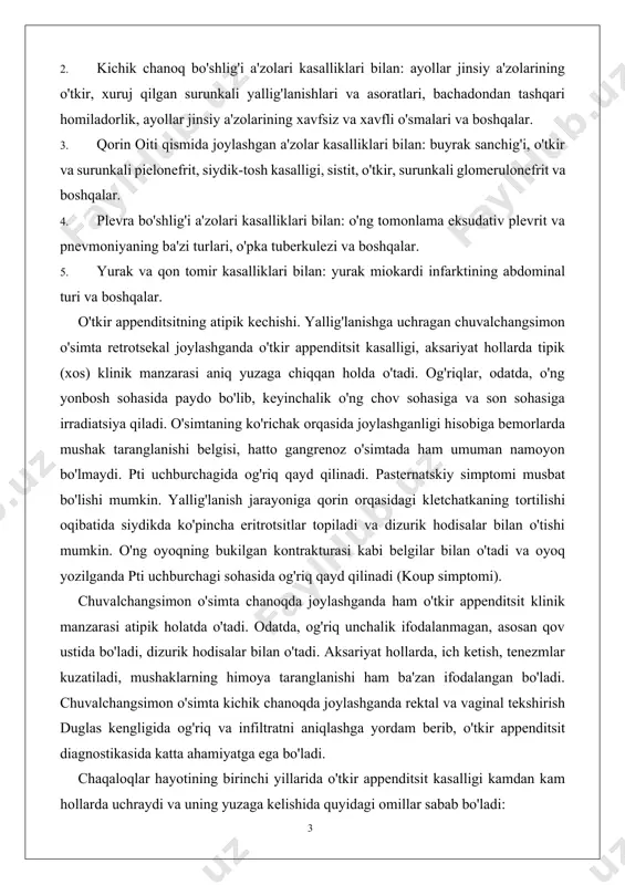 buyrak yetishmovchiligidan vafot etadilar. differensial diagnostika. o'tkir appenditsit kasalligining differensial diagnostikasida barcha kasalliklar 5 guruhga bo'linadi: l . qorin bo'shlig'i a'zolarining o'tkir kasalliklari bilan: me'da va o'n ikki barmoq ichak yara kasalligi xuruji yoki asoratlari; o'tkir xolesistitning ba'zi turlari, o'tkir pankreatit, o'tkir enterit, terminal ileit (kron kasalligi), kolit, gastrit, o'tkir ichak tutilishi, o'tkir toksikoinfeksiyalar, tifoparatifoz infeksiya, mekkel divertikulining yallig'lanishi, gemorragik kapillarotoksikoz (shenleyn-genox kasalligi) va boshqalar. 2. kichik chanoq bo'shlig'i a'zolari kasalliklari bilan: ayollar jinsiy a'zolarining o'tkir, xuruj qilgan surunkali yallig'lanishlari va asoratlari, bachadondan tashqari homiladorlik, ayollar jinsiy a'zolarining xavfsiz va xavfli o'smalari va boshqalar. 3. qorin oiti qismida joylashgan a'zolar kasalliklari bilan: buyrak sanchig'i, o'tkir va surunkali pielonefrit, siydik-tosh kasalligi, sistit, o'tkir, surunkali glomerulonefrit va boshqalar. 4. plevra bo'shlig'i a'zolari kasalliklari bilan: o'ng tomonlama eksudativ plevrit va pnevmoniyaning ba'zi turlari, o'pka tuberkulezi va boshqalar. 5. yurak va qon tomir kasalliklari bilan: yurak miokardi infarktining abdominal turi va boshqalar. o'tkir appenditsitning …