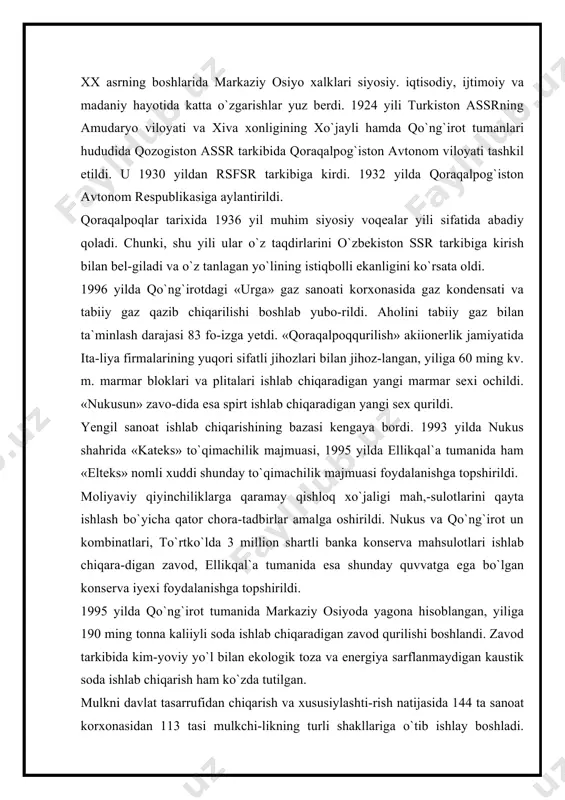 ng jami ishlab chiqarilgan mahsulotdagi ulushi 98,3 fo-izni tashkil etdi. ayrim qishloq xo`jalik mahsulotlari, jum-ladan, paxta yetishtirishda nodavlat korxonalarining hissasi 97,9 foizni, donchilikda 98,1 foizni, kartoshkachilikda 99,7 foizni, sabzavotchilikda 98,8 foizni, polizchilikda 95,1 fo-izni, bog`dorchilikda 98,5 foizni, pillachilikda 100 foizni, go`sht yetishtirishda 98,9 foizni, sut va tuxum ishlab chiqarish-da 99,4 foizni, qorako`l teri va jun yetishtirishda 100 foizni tashkil etdi. dehqonchilikda ekin maydonlarining tarkibi o`zgardi. agar 1991 yidda g`alla maydonlari ekin maydonlarining 27,1 foi-zini (jumladan, bug`doy 1,9) tashkil etgan bo`lsa, 1996 yilning oxirida bu 35,8 foizga yetdi (bug`doy maydonlari 8,3 foiz). shu davr mobaynida bugdoy yetishtirish 13,6 ming tonna, ya`ni 3 marta, kartoshka 6,7 ming tonna yoki 2,3 marta, sabzavot 11,4 ming tonna, uzum yetishtirish 4 martaga ko`paydi. respublika oziq-ovqat majmuasida shaxsiy yordamchi xo`jaliklarning his-sasi tobora ko`paydi. shu bilan birga chorvachilikda ahvol ancha mushkullashdi. murakkab iklim sharoiti tufayli respublikada keyingi yil-larda hayvonlar soni kamaydi. 1991 - 1996 yillarda xo`jalik-lar, davlat …