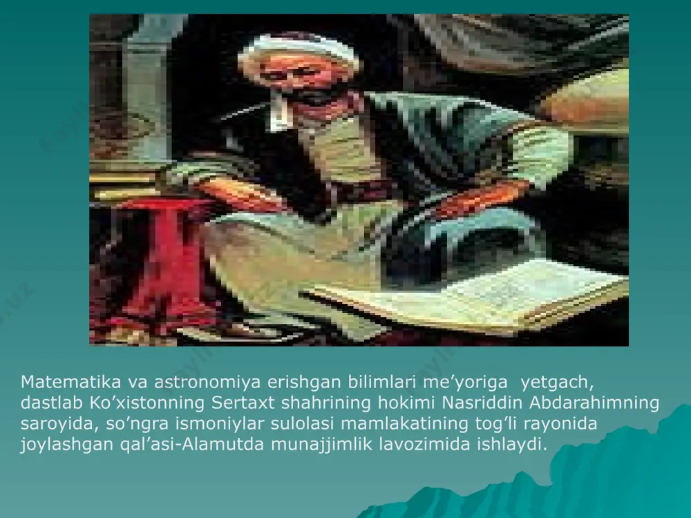 kisligida joylashgan radiusi 18,4 m ga teng kvadrant. devoriy kvadrantning radiusi esa 3,2 m. bulardan boshqa armillyar sfera, azimutal asbob va bor bo’lgan. rasadxonada turli mamlakatlardan 100 dan ortiq olimlar kelib ishlagan. rasadxona qoshidagi yirik kutubxonada bir necha yuz ming qo’lyozma asarlar mavjud bo’lgan. nosiriddin tusiyning vafotidan keyin (1927) keyin rasadxonaga uning o’g’li sadriddin abul hasan ibn nasriddin rahbarlik qildi. uning ikkinchi o’g’li asliddin esa ayni paytda parijda saqlanayotgan “elxon ziji “ nusxasini qo’lda ko’chirib berganligi tarixiy manbalardan ma’lum. e'tiboringiz uchun rahmat! image1.jpeg image2.jpeg image3.jpeg image4.jpeg image5.jpeg