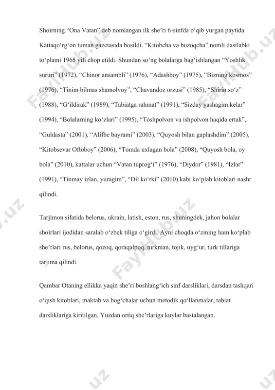 bitiklar adabiy umringga asos. yurak guli misol qalblarda óngan buyuk muhabbatsan — lutfi muqaddas. senga sig‘inganlar bo‘lmadilar kam, har oshiq so‘zing qalb to‘riga bitdi. sen sabab atalib haqiqiy odam sevishni o‘rgandi — murodga yetdi. zo‘rlarning yoniga kirib ketmading, hech qachon nohaqni qo‘llamagansan. yig‘ilganni aslo bosib o‘tmading, hech kimga yomonlik yo‘llamagansan. dunyoni pokiza ko‘rmoq istading, xalqning dil dardini himoya qilding. eng toza odamni yonib izlading, beayov makkorlar bag‘rini tilding. johilu zolimlar badtar tutaqib, hissiz o‘lik ko‘zi alanglayverdi. sen esa ularni etgancha ta’qib, g‘olib yurak bilan jaranglayverding. ming yillik she’riyat, jur’ating ko‘rib, ne qattol jallodlar mag‘lub bo‘ldilar. sezdilar o‘zlarin nobakor, g‘arib, qonlari ko‘pirib, qaqshab so‘ldilar. najot istaganlar topishdi chora, sendan shifo oldi ko‘ngli yaralar. qilmishidan bag‘ri bo‘lib yuz pora, tub-tubidan sindi ichi qoralar. ilohiy ilhomli ko‘ngil bog‘isan, muxlislar sevarlar kuyingda yonib. ezgu yuraklarning suyanch tog‘isan, yasharlar taqdirin senga ishonib. iymonli satrlar — yurakdan cho‘g‘lar o‘tlarda kuymagay, suvlarda cho‘kmas. etuk she’r atalmish baxti …
