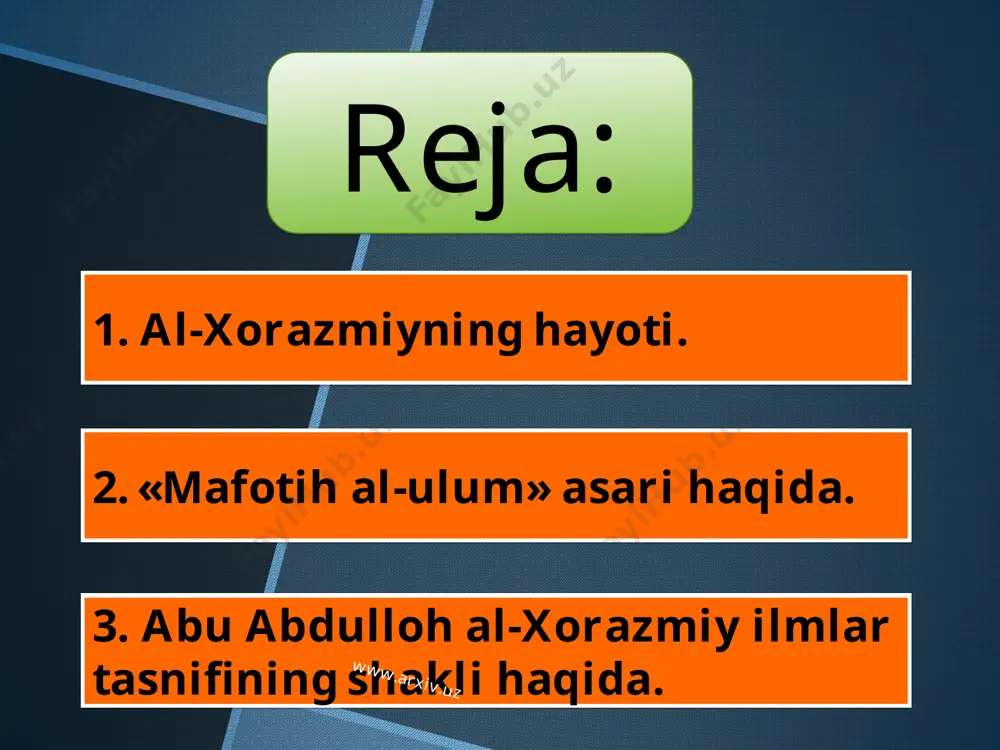 nusxasini turkiya kutubxonalarida borligini aniqladi. barcha olti nusxa istambul shahridagi kutubxonalardadir. abu abdulloh al-xorazmiyning bu asari o’rta asarlardagi fanlar rivojlanishi tarixiga oid kamyob manba sifatida ko’pgina olimlarning diqqat-e’tiborini o’ziga jalb etdi. birinchi bo’lib bu manbani o’rgangan va 1895 yilda nashr qilgan olim — gollandiyalik sharqshunos van flotendir. shuningdek, i. yu. krachkovskiy, v. v. bartold, k. brokelman, e. videman, g. sarton, m. m. xayrullaev, u. i. karimov, g. p. matvievskaya, h. hasanov, a. sharipovlar ham asarning turli tomonlarini tadqiq qilganlar. www.arxiv.uz www.arxiv.uz «mafotih al-ulum» o’ziga xos qomusiy asar bo’lib, o’sha davrdagi deyarli hamma asosiy fan sohalarini o’z ichiga qamrab olgan. mual-lif o’rta asrlardagi har bir ilm mazmunini sharhlash yo’li orqali tushuntirib beradi. olim ilmlarni ikkiga bo’lib, ularga «arab — shar’iy» va «arab bo’lmagan»larga ajratadi bu hol olim o’z davrining namoyandalari singari ilmlar tasnifida ularni ikki qismga bo’lish an’anasiga sodiq qolganligini ko’rsatadi. uning birinchi an’anaviy «arab» ilmlari qismi o’n bir bobdan iborat …