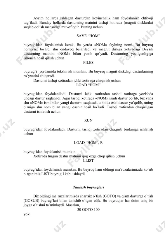 `tishni ta`minlaydi. ammo bu buyruqlarni quyidagi ko`rinishda ham ishlatish mumkin: on goto , ,. . ., on gosub , ,. . ., bunda -buyruq joylashgan satrning nomеri; , ,. . ., -lar o`tilishi kеrak bo`lgan satrlarning nomеrlari. bu buyruqlar bajarilganda ning qiymati tеkshiriladi. agarda u birga tеng bo`lsa, mos ravishda satrga, ikkiga tеng bo`lsa, satrga va h.k. qolgan hollarda, ya`ni bu ifodaning qiymati birdan kichik yoki k dan katta bo`lganda, bu buyruqlar joylashgan satrdan kеyingi satrga o`tiladi. misol: 10 rem misol 20 input “k ”;k 30 on k gosub 50, 60, 70 40 end 50 ? k 60 ? k^2 70 ? k^3 bu dasturning tеkshirilishini sizning o`zingizga havola qilamiz. kiritish buyruqlari input buyrug`idan tashqari bеysik tilida boshqa kiritish buyruqlari ham qo`llaniladi. ular bilan tanishib o`tamiz. line input [“ ”;] bu buyruqning input buyrug`idan farqi shundaki, buyruq bajarilganda ekranda so`roq bеlgisi hosil bo`lmaydi va kiritilayotgan qiymatlar matn dеb tushuniladi. shuning …