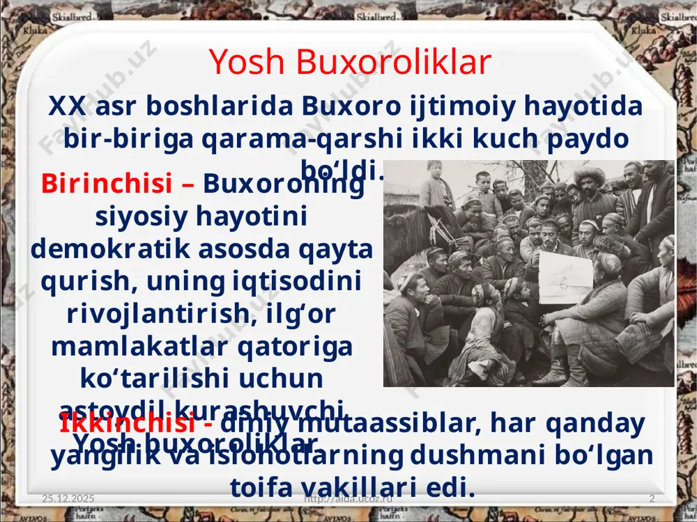 ishga undadi. 27.08.2020 http://aida.ucoz.ru 7 1917-yil 8-aprelda jadidlar karki va buxoroda namoyishlar o‘tkazishdi. buxoroda namoyishga to‘plangan 150 kishiga fayzulla xo‘jayev va abdurauf fitrat rahnamolik qilishgan. 27.08.2020 http://aida.ucoz.ru 8 abdurauf fitrat buxoro amirligining qulashi 27.08.2020 http://aida.ucoz.ru 9 omon qolgan jadidlar 1917-yili bolsheviklar tomonidan egallangan turkistonga qochishdi. 1920-yil yanvarda toshkentda o‘rnashib olgan yosh buxoroliklarning so‘l qismi fayzulla xo‘jayev rahbarligida «inqilobchi yosh buxoroliklarning turkistondagi markaziy byurosi»ni tuzishdi. fayzulla xo‘jayev fayzulla xo‘jayev rahbarlik qilgan yosh buxoroliklar va bolsheviklarning birgalikdagi harakatlari bilan buxoroda davlat to‘ntarishi tayyorlandi. 27.08.2020 http://aida.ucoz.ru 10 yosh buxoroliklar amirni taxtdan ag‘darishning siyosiy va tashviqiy asoslarini hozirlashga kirishdi. 27.08.2020 http://aida.ucoz.ru 11 ularning tashabbusi bilan 1920-yil 29-avgustda chorjo‘yda qo‘zg‘olon uyushtirildi. 27.08.2020 http://aida.ucoz.ru 12 1920-yil 2-sentabrda bolsheviklar armiyasi qo‘shinlari buxoroga kirdi. 6-oktabrda buxoro xalq sovet respublikasi va fayzulla xo‘jayev boshchiligidagi birinchi hukumat xalq nozirlar kengashi tuzilganligi e’lon qilindi. sovet davlati esa yaxshi qurollangan qo‘shin va mahalliy aholini dahshatga soluvchi harbiy aviatsiya bilan ta’minlangan yirik harbiy …