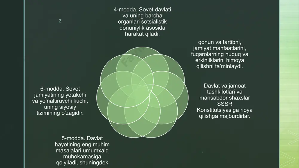 savdo va umumiy ovqatlanish muassasalari, maishiy xizmatlar va kommunal xizmatlar;, qishloqlar va ovullarni shinam aholi punktlariga aylantiradi. 23-modda. davlat mehnat unumdorligini oshirishga asoslangan holda ishchilarning ish haqi va real daromadlari darajasini oshirish. sovet xalqining ehtiyojlarini to'liq qondirish uchun davlat fondlari yaratilmoqda . davlat jamoat tashkilotlari va mehnat jamoalarining keng ishtirokini ta'minlaydi bu mablag'larning o'sishi va adolatli taqsimlanishini ham; o‘zbekiston respublikasida davlat sog‘liqni saqlash tizimlari faoliyat ko‘rsatadi va rivojlantiradi, 24-modda. ijtimoiy ta'minot--, savdo va umumiy ovqatlanish, maishiy xizmat ko'rsatish va kommunal xizmatlar. davlat kooperativ va boshqa jamoat tashkilotlari faoliyatini barcha sohalarda rag‘batlantiradi . bu ommaviy jismoniy tarbiya va sportni rivojlantirishga yordam beradi. z z 25-modda. o‘zbekiston respublikasida xalq ta’limining yagona tizimi mavjud va takomillashtirilmoqda. fuqarolarning umumiy ta'lim va kasbiy tayyorgarligini ta'minlaydigan, kommunistik jamiyatga xizmat qiladi yoshlarning ta’lim-tarbiyasi, ma’naviy va jismoniy rivojlanishi, ularni mehnat va ijtimoiy faoliyatga tayyorlaydi. z 26-modda. jamiyat ehtiyojlaridan kelib chiqib, davlat fanning tizimli rivojlanishini ta'minlaydi va ilmiy kadrlar …