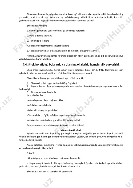 oshirib yuborish; 4. alkogol iste’mol qilish. gipoglikemiyaning diabetdan tashqari sabablari: 1. buyrak yetishmovchiligi; 2. jigar yetishmovchiligi; 3. uglevod metabolizmi fermentlarining nuqsoni (glikogenozlar, galaktozemiya, fruktoza ko’tara olmaslik). 4. buyrak usti bezi gipofunksiyasi. 5. o’sish gormoni yetishmasligi (ko’pincha gipofizar nanizm). 6. oshqozon rezeksiyasida demping- sindrom. birinchi kompensator simptomlar namoyon bo’ladi: bezovtalik, agressivlik, kuchli qorin ochishi, ko’ngil aynishi, gipersalivatsiya, qaltirash, sovuq ter bosishi, taxikardiya, qorinda og’riq, diareya, ko’p siyish. keyinchalik neyroglikopenik simptomatika qo’shiladi: asteniya, bosh og’rishi, diqqat buzilishi, qo’rquv hissi, gallyusinasiyalar, nutq va ko’rish buzilishi, dezorientatsiya, amneziya, hushning buzilishi, falajlikka almashinuvchi talvasalar, koma. gipoglikemik koma tez rivojlanadi, har doim 3 ta belgisi bo’ladi: hushdan ketish, mushaklar gipertonusi, talvasalar. diagnoz labaratoriya ko’rsatmalarida asoslanadi. shoshilinch yordam: 1. bemorga shirin choy, murabbo, asal yoki shirin pechen’elar berish; 2. darhol somatik bo’limga yotqizish; 3. vena o’zaniga tushish; 4. yuqori nafas yo’llari o’tkazuvchanligini ta’minlash, oksigenoterapiya; 5. tahlil uchun qon, siydikni to’g’ri olish; 6. shifokor ko’rsatmalarini bajarish. hamshiralik parvarishi: …