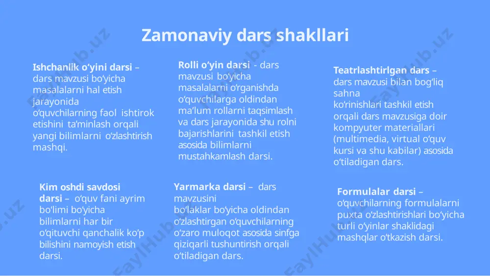 ol tushsa o‘quvchi o‘sha savolga javob beradi. *galereya” metodi o‘quvchilarda kichik guruh asosida bir yo‘la bir nechta masalani muhokama qilish qobiliyatini tarbiyalaydi. metodni qo‘llash chog‘ida guruhning har bir a’zosi taklif etilgan barcha masalalar yechimini topishga o‘z hissasini qo‘shish imkoniyatiga ega bo‘ladi.. scamper- bu metod yechimlarni topishning ko‘plab yo‘llarini, variantlarini topishga mo‘ljallangan. bu variantlar harakatlar yoki savollar ro‘yxatiga asoslangan bo‘lishi mumkin va ular bosqichma-bosqich amalga oshiriladi.. freewriting metodi bu metodda o‘quvchilarni yozish ijodkorligini rivojlantirish orqali fikrlarini kengaytirish maqsad qilib olingan.. sinektika to‘g‘ridan-to‘g‘ri o‘xshashlik tamoyiliga asosan, bir-biriga o‘xshash ma’lumotlarni olamiz, ularni solishtiramiz va o‘rganamiz. bu metod boshlang‘ich sinf o‘quvchilarining har bir fani uchun juda mos. zamonaviy dars jarayonida ta’limiy o‘yinlardan foydalanish 02 03 01 04 05 06 oʻquvchilar uchun sinflaridagi o‘yinlar xuddi hayotdan har qanday tushunchani o‘rganishga o‘xshaydi. bolalar noto‘g‘ri bo‘lgan narsalar haqida bilib olishlari mumkin, shu bilan muammolarni hal qilish strategiyasini oʻrganadilar. o‘yinlar va bardamlashtiruvchi mashqlar - kichik treninglar, psixologik testlar,harakatli …
