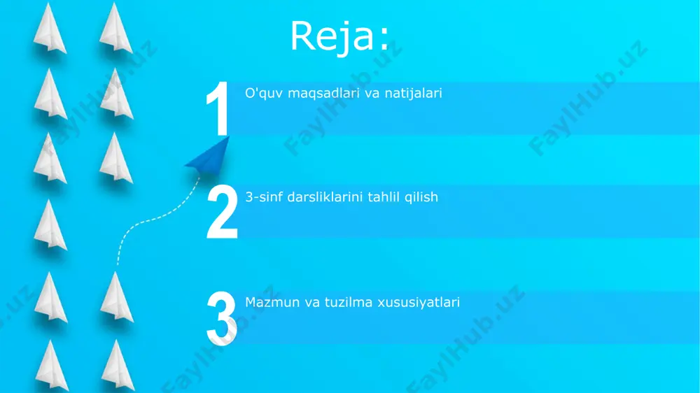 ni oshirish maqsadida 10 dan ortiq turli innovatsion pedagogik uslublarning qo'llanishiga oid misollar keltirilgan. innovatsion yondashuvlar, masalan, o'yinlashtirish orqali o'qitish (gamification) 3-sinf darsliklarida kamida 20% miqdorida qo'llanilgan. 3-sinf darsligi mazmuni tahlili matematika fanidan 3-sinf darsligida 100 dan ortiq misollar va masalalar berilgan bo'lib, ularning 60% geometrik shakllar va o'lchovlar bilan bog'liq. darslikda ekologiyaga oid 5 ta mavzu mavjud bo'lib, ularning har biri kamida 3 ta ekologik muammoni va ularning yechimlarini o'z ichiga oladi. o`quvchilarning yosh xususiyatlariga mosligi o'quv materialining murakkabligi va hajmi 3-sinf o'quvchilarining diqqatni jamlash muddati (taxminan 20-30 minut) hamda bilim olish tezligiga mos keladigan tarzda tuzilgan. 3-sinf o'quvchilarining o'rtacha fikrlash yoshi 8-9 yoshni tashkil etadi, shuning uchun darslik mazmuni va til uslubi ushbu yosh xususiyatlariga moslashtirilgan bo'lishi kerak. mavzu va bo`limlar tahlili har bir bo'lim yakunida berilgan nazorat savollarining soni va turi o'quv materialini o'zlashtirish darajasini baholash uchun yetarli bo'lib, o'rtacha 5-7 ta savol va 2 ta amaliy …