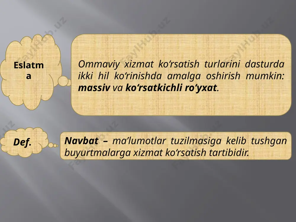 at ko‘rsatish turiga fifo, qaysi biriga lifo deb ataladi? navbat turlarini keltirib o‘ting. dekning o‘ziga xosligi nimadan iborat? 18 image2.jpeg image3.jpeg image4.jpeg image5.png image6.png image7.png image8.png image9.png image10.png image11.png image12.png image13.png /docprops/thumbnail.jpeg